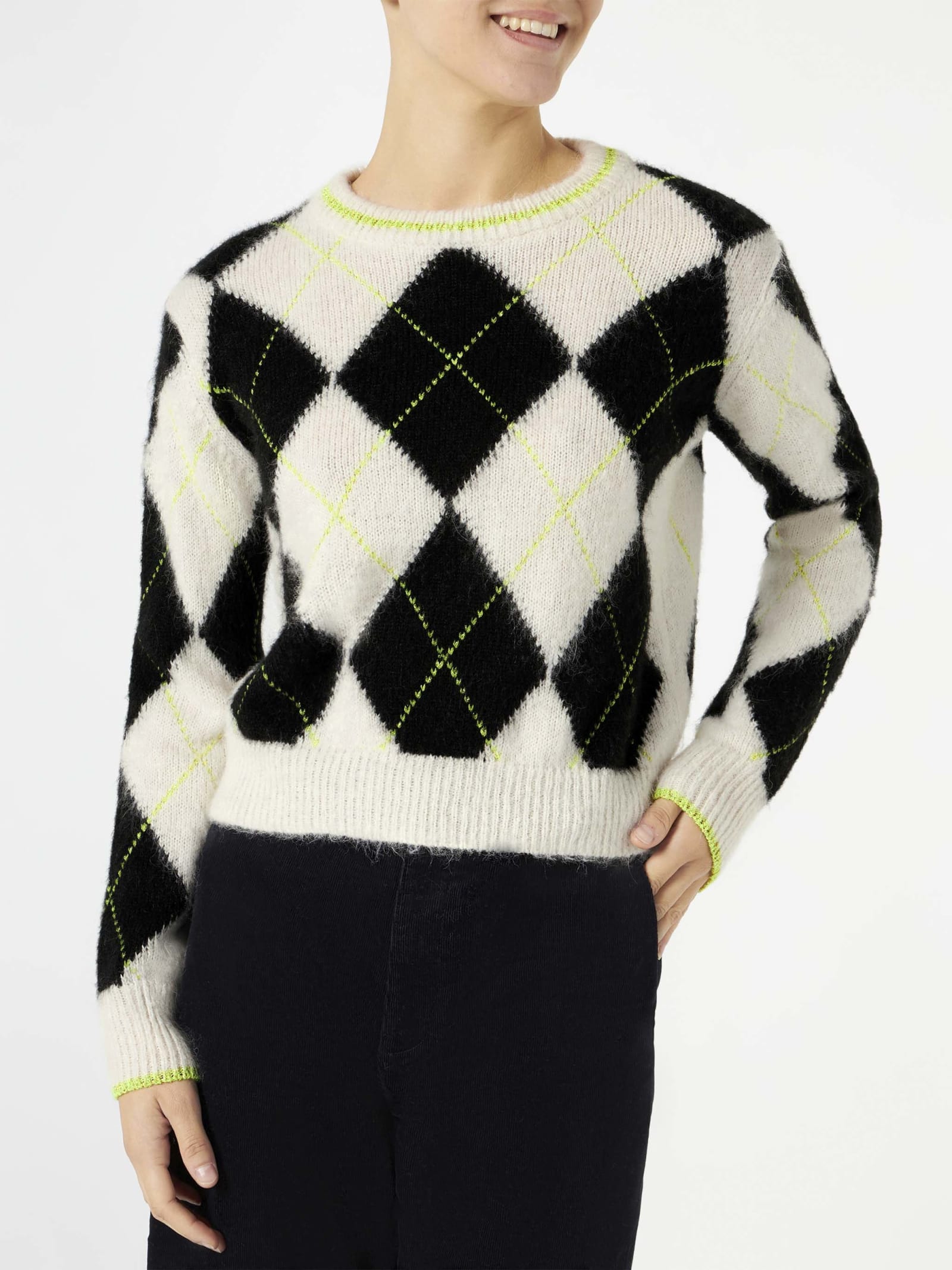 Shop Mc2 Saint Barth Woman Brushed Cropped Sweater With Argyle Pattern In Black