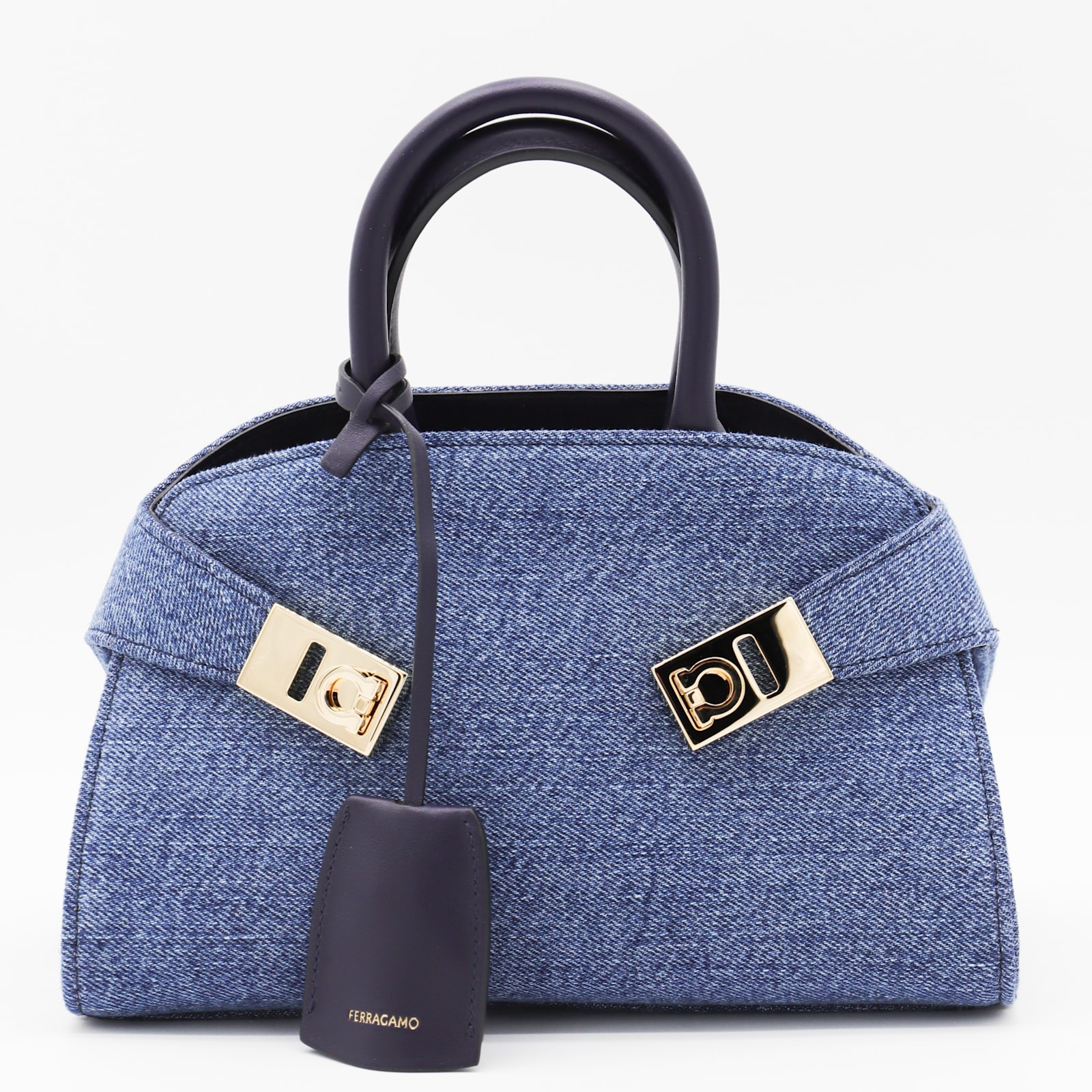 Ferragamo Denim Leather Hug Mini Top Handle Bag