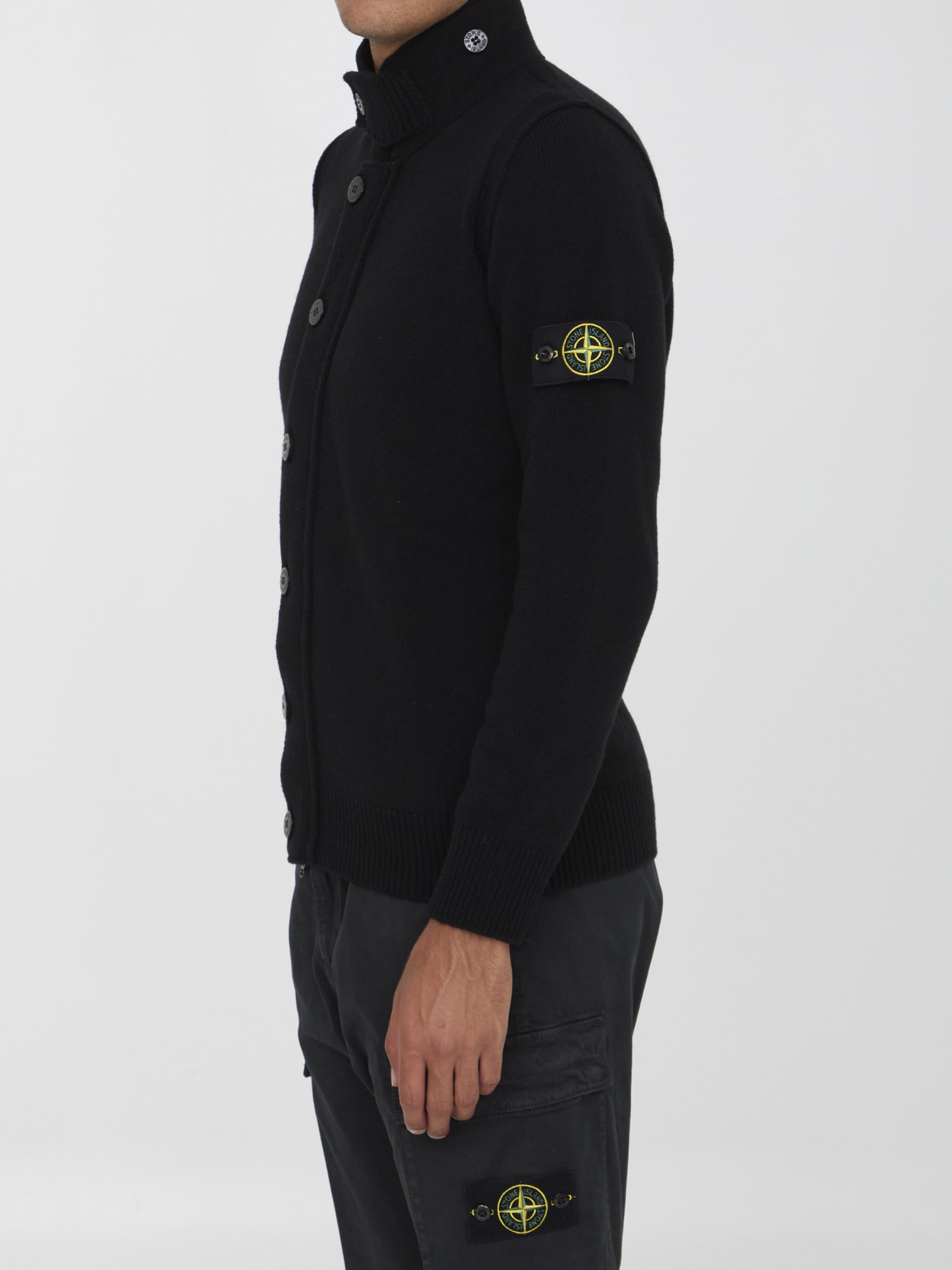 Shop Stone Island Cardigan In Wool Blend In Nero