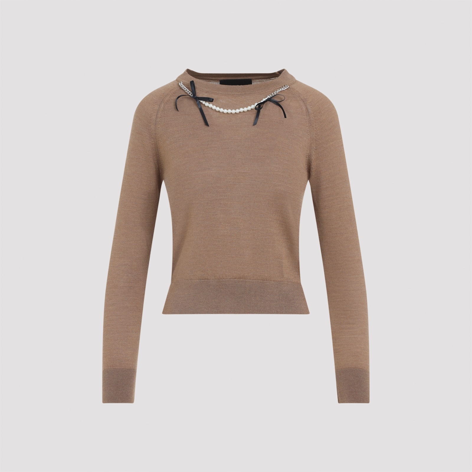 Simone Rocha Fitted Long-sleeve Sweater With Pearl Accents And Ribbon Detail In Gold