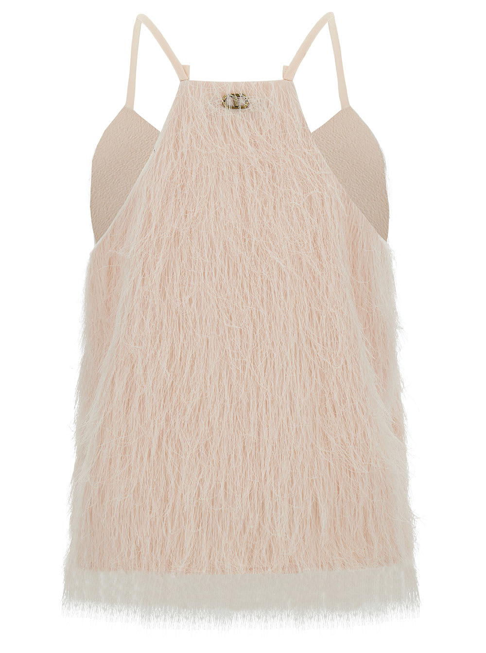 TWINSET LIGHT PINK TOP WITH ALL-OVER FEATHERS IN TECH FABRIC WOMAN