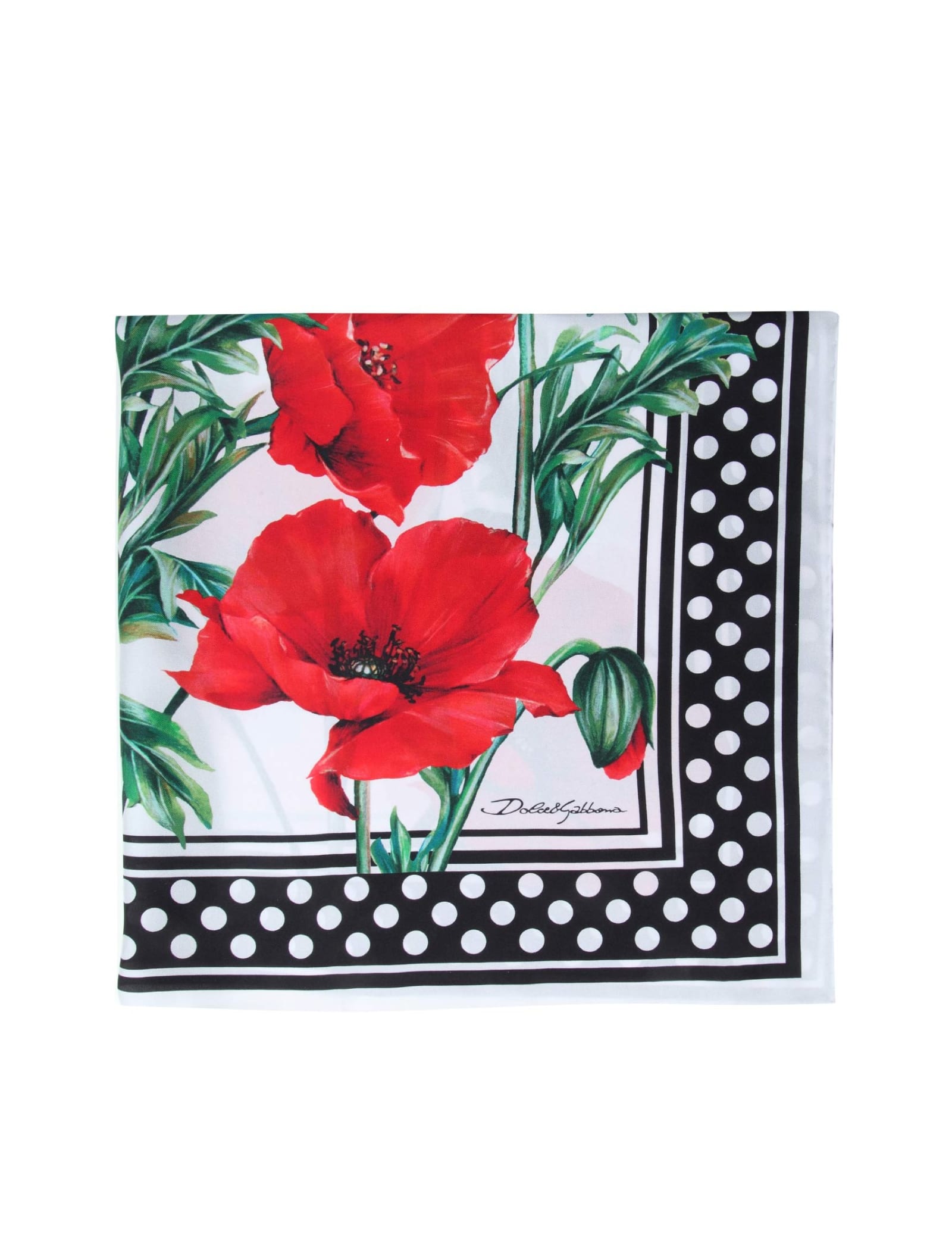 Dolce & Gabbana Dolce&gabbana Polka Dot Border Poppy Print Silk Scarf In Multicolor
