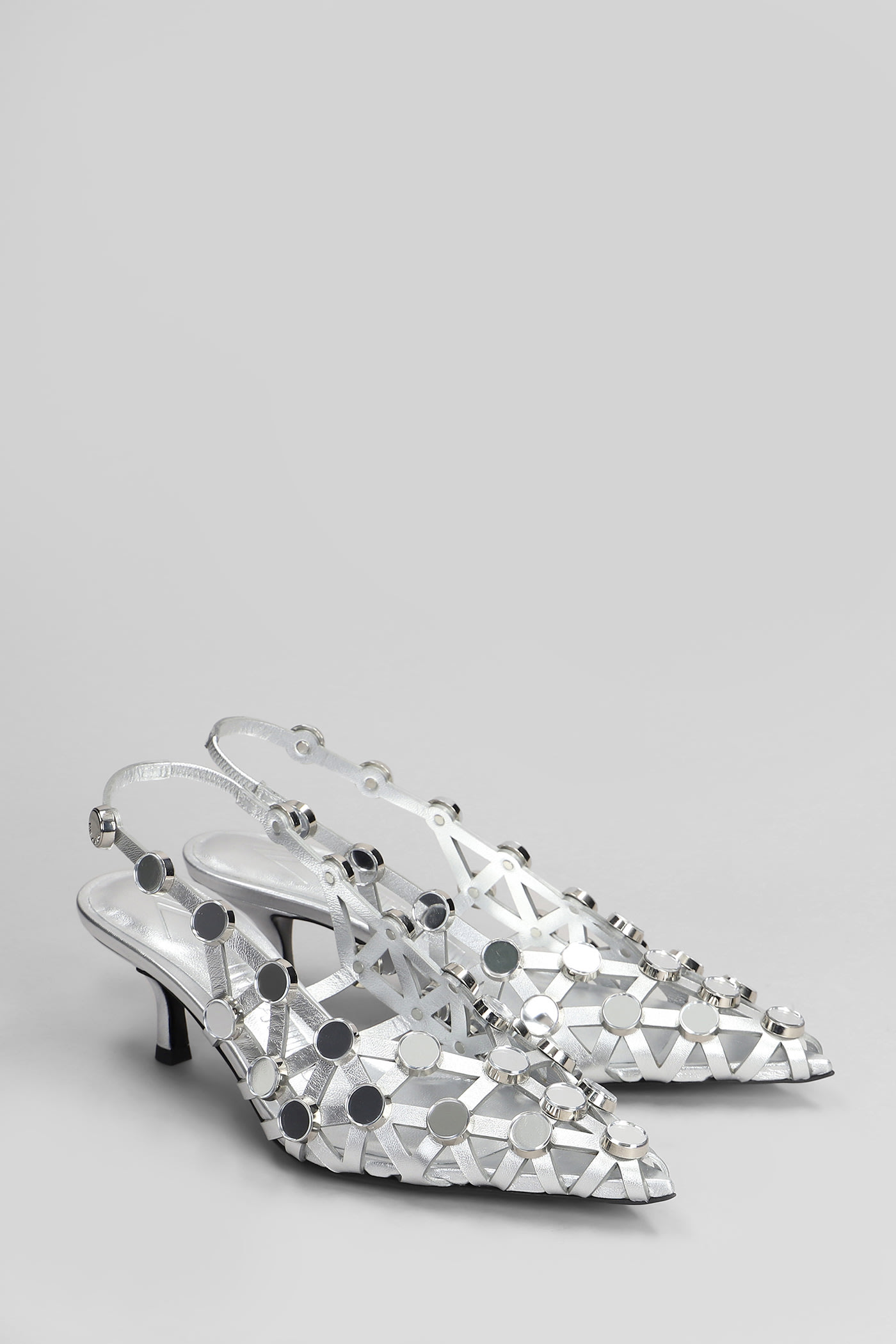 Attico Grid Studded Metallic Leather Slingback Pumps