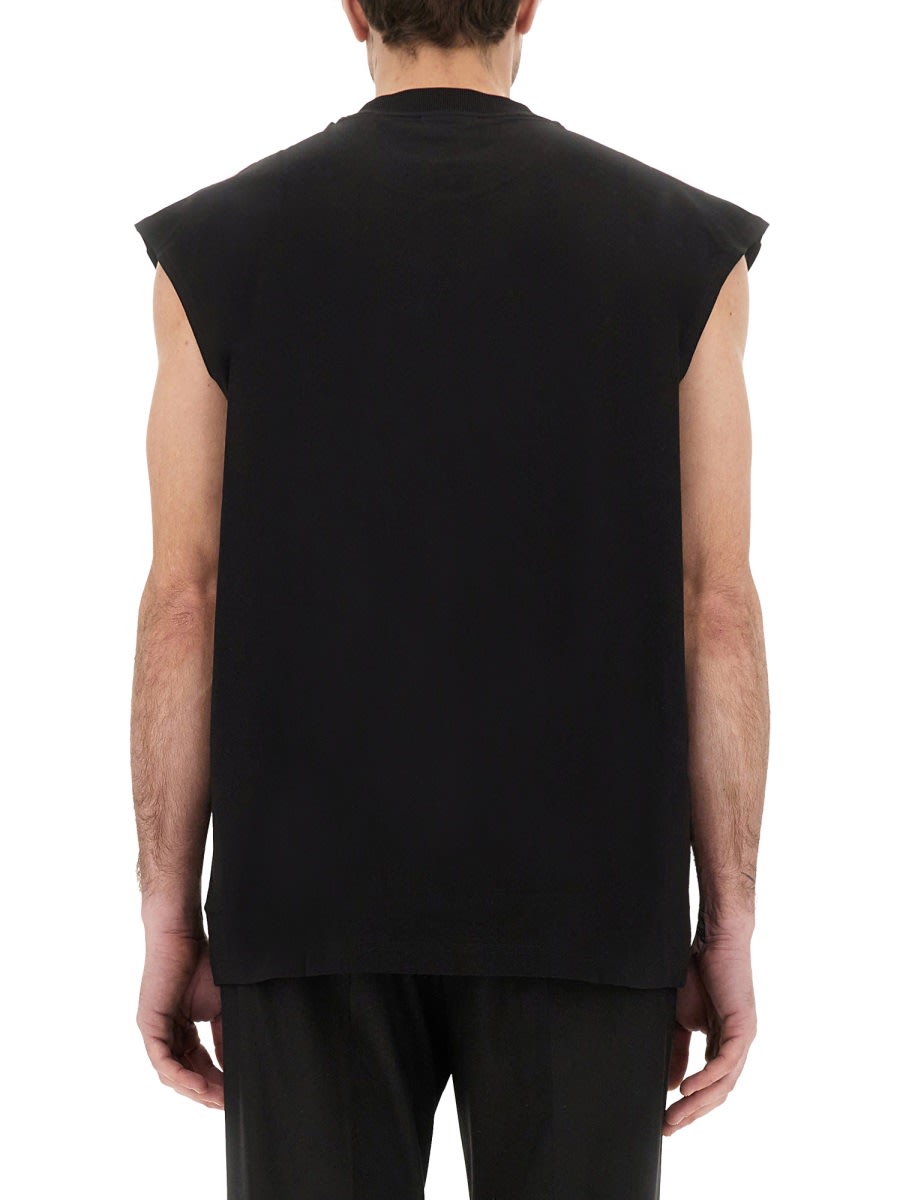 Hugo Boss Sleeveless Cotton-jersey T-shirt With Blue Logo Label In Black
