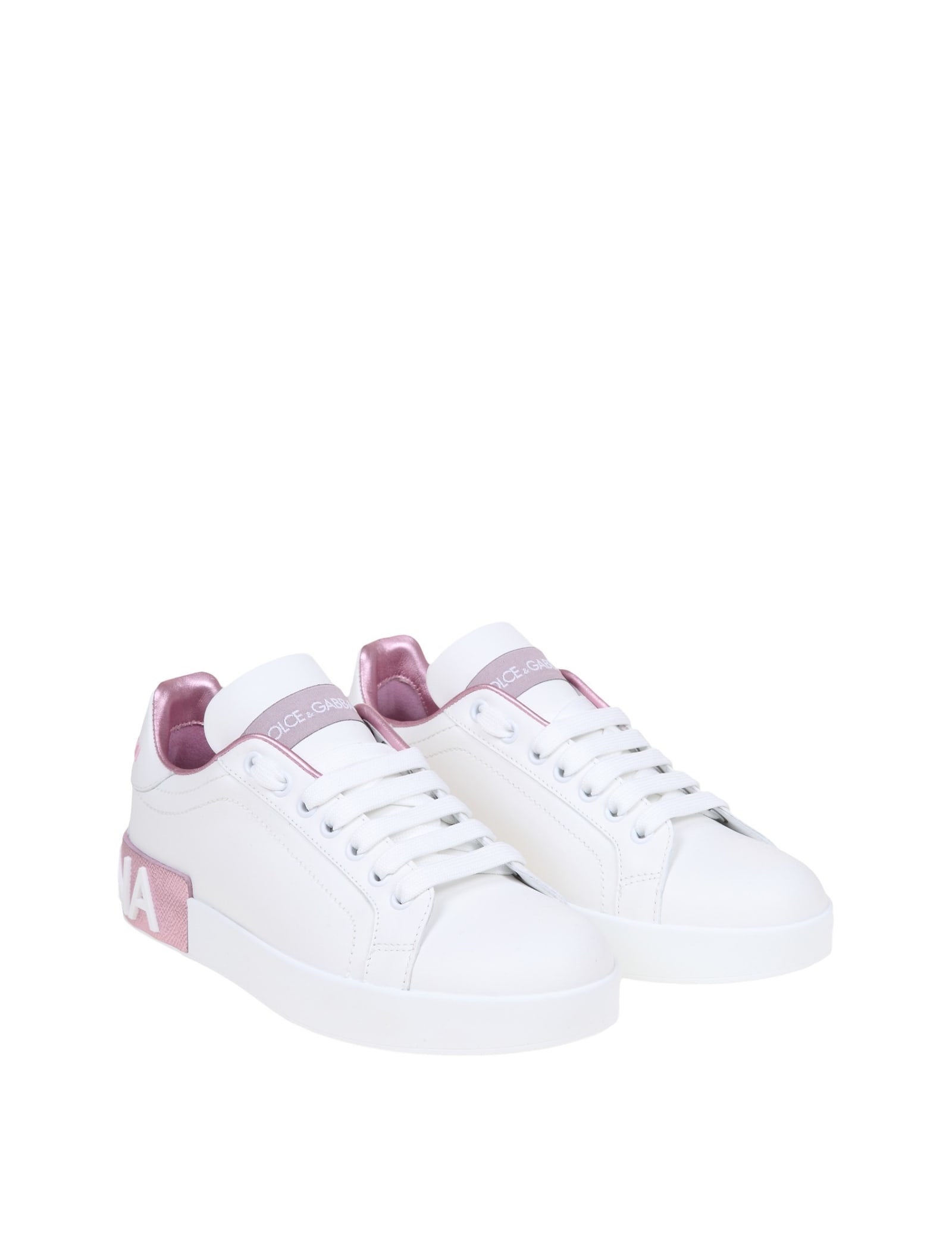 Shop Dolce & Gabbana Portofino Sneakers In White Leather In White/pink