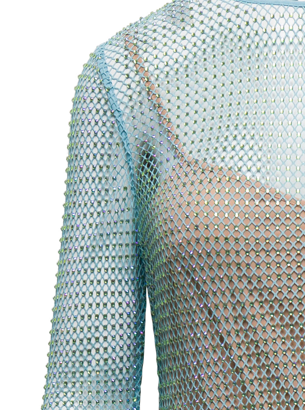 Shop Self-portrait Crystal Embellished Fishnet Dress In Light-blue Technical Fabric Woman In Green