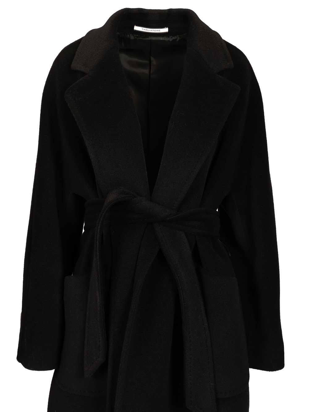 Tagliatore Long Wool Coat Belted Waist In Black