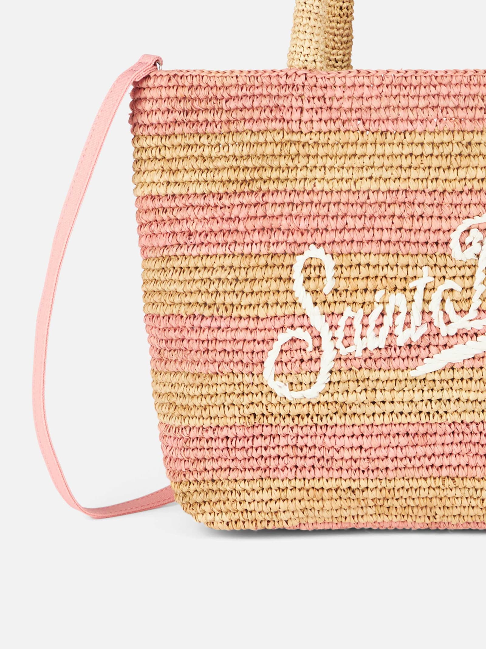 Shop Mc2 Saint Barth Pink Striped Raffia Beach Midi Bag With Cotton Pouch