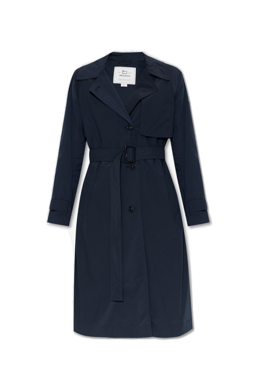 Woolrich Belted Button-up Trench Coat In Melton Blue