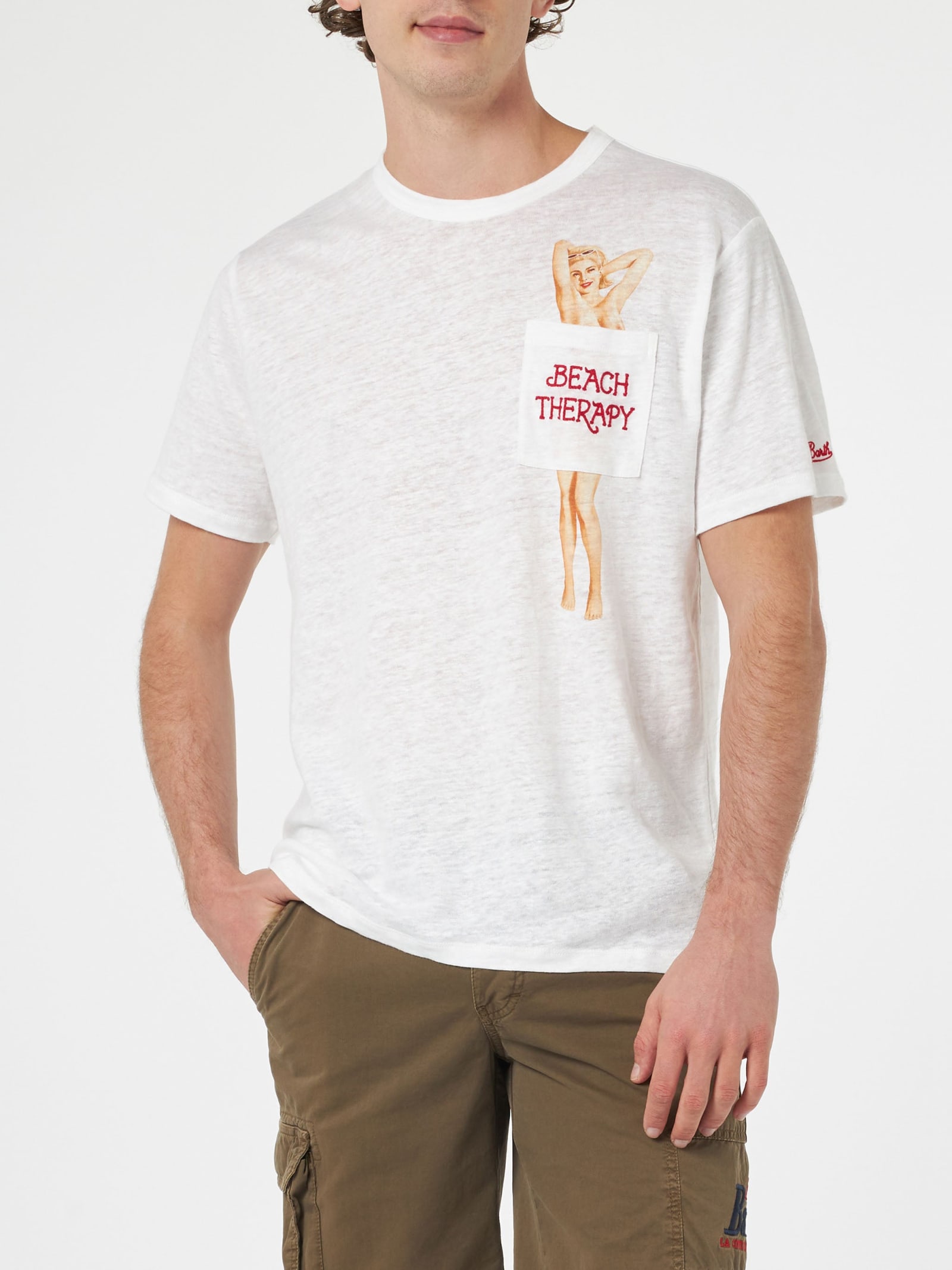MC2 SAINT BARTH MAN LINEN JERSEY T-SHIRT ECSTASEA WITH PRINTED AND EMBROIDERED POCKET