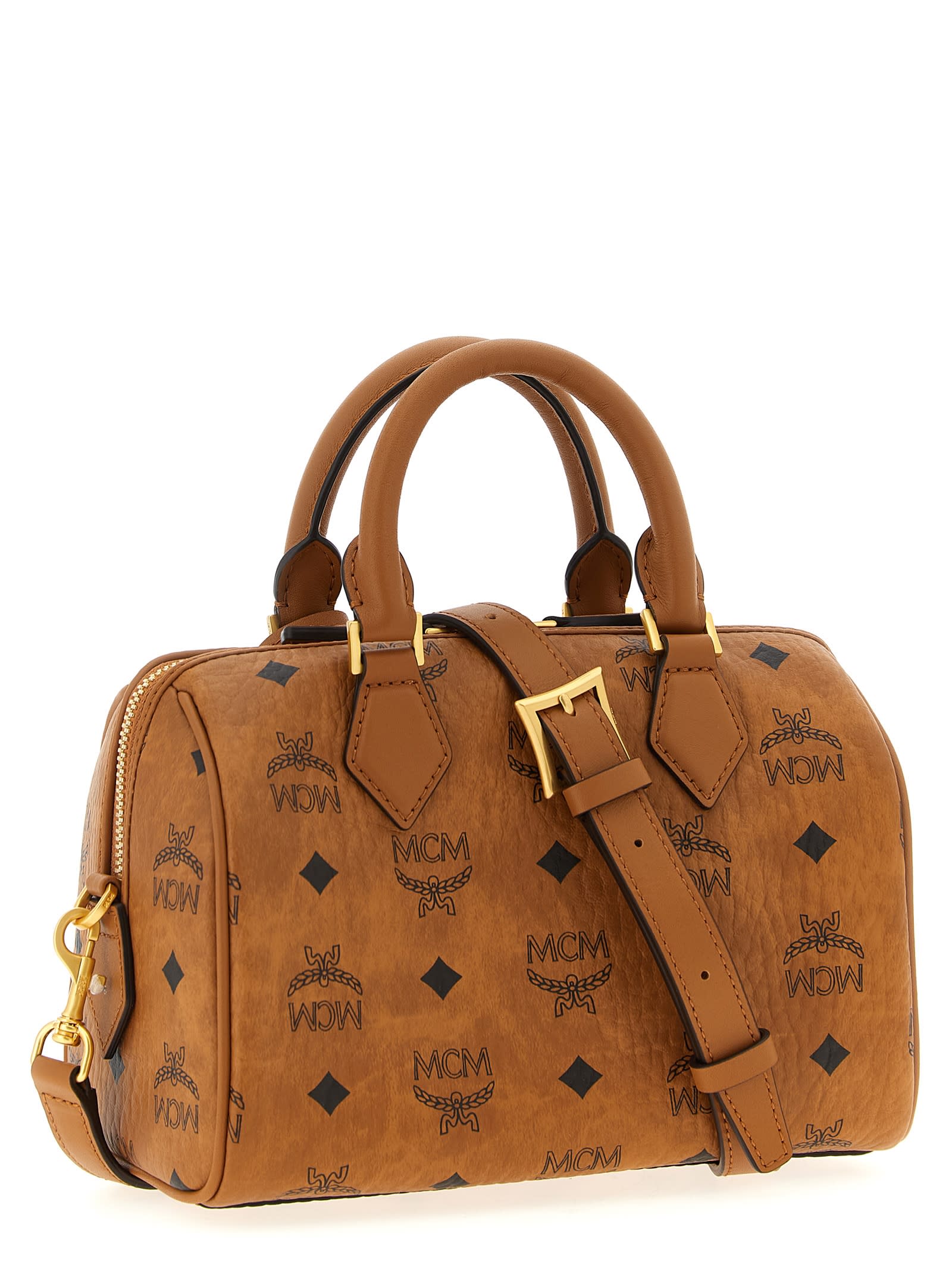 Mcm Canvas Printed Handbag With Detachable Tag And Top Handles In Brown