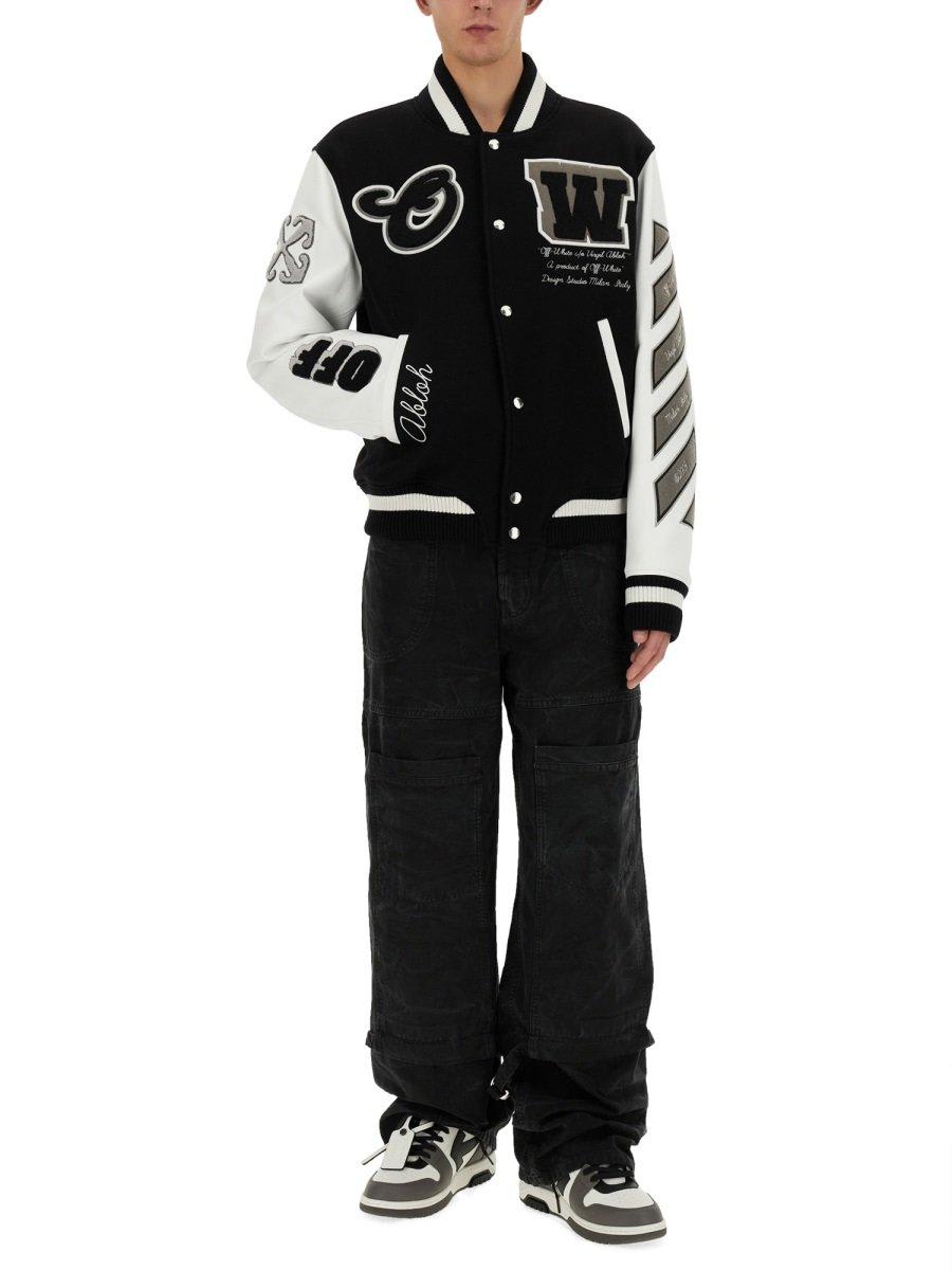 Shop Off-white Lea Appliqu Ong-sleeved Varsity Jacket In Black