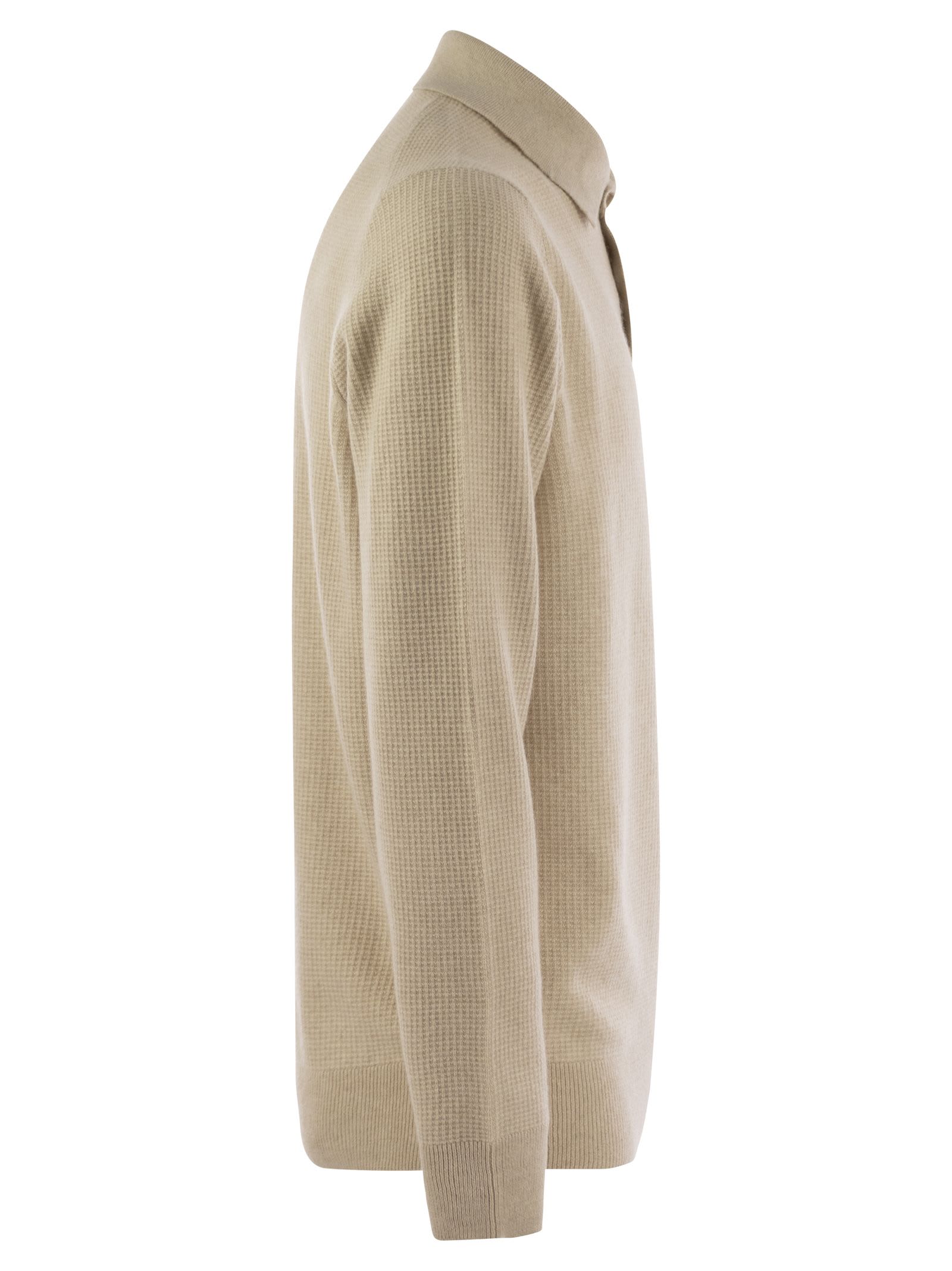 Shop Brunello Cucinelli Waffle Stitch Cashmere Knit Polo Shirt With Long Sleeve In Sand