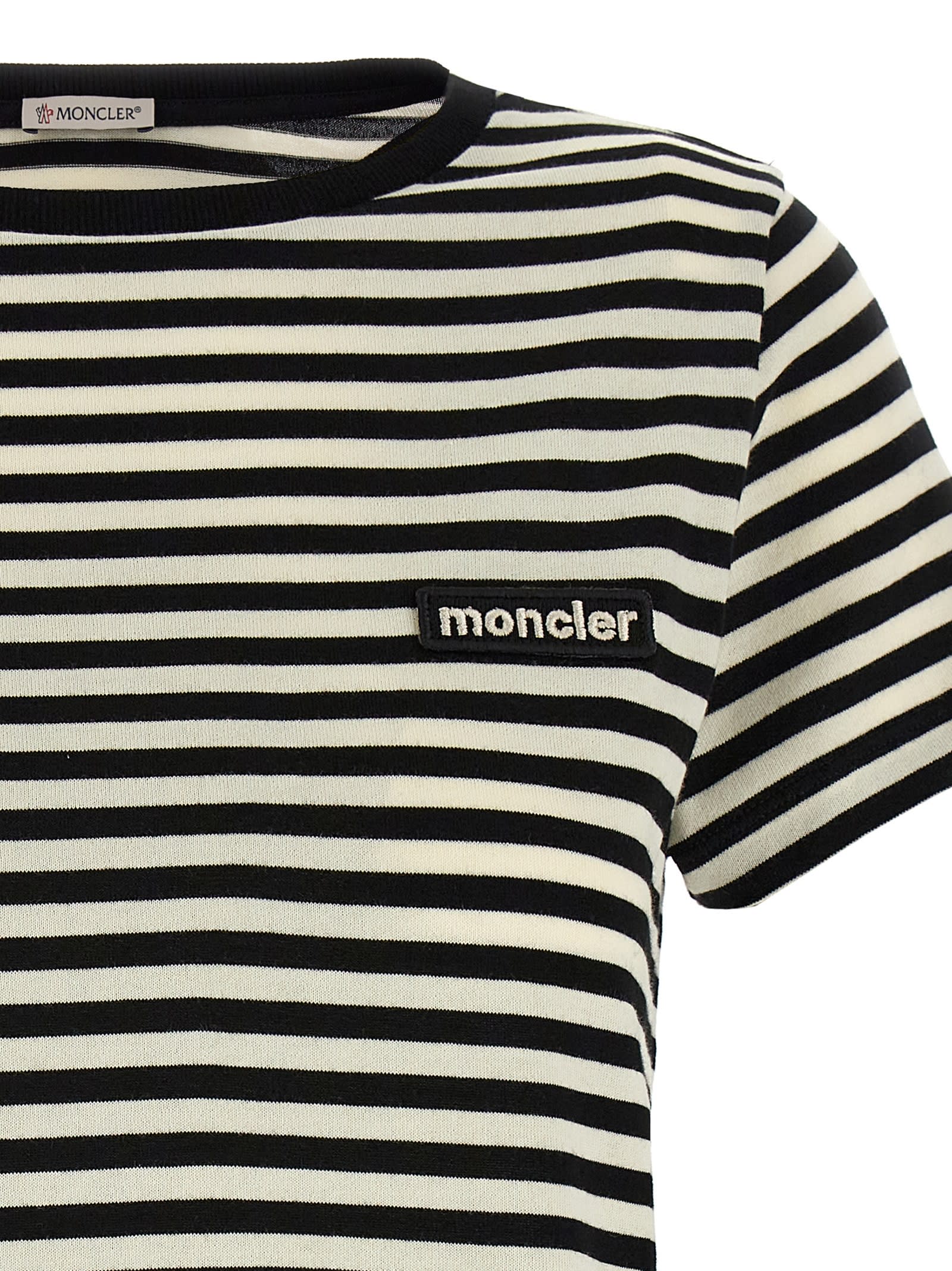 Moncler Black And White T-shirt With All-over Striped Motif And Logo Patch On The Chest In Cotton Wo In White/black