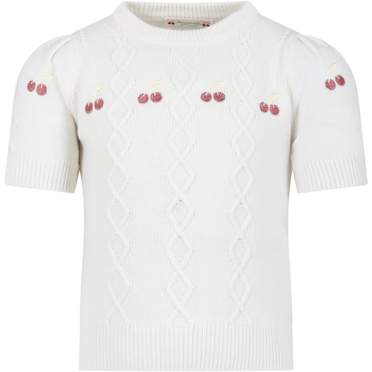 BONPOINT WHITE SWEATER FOR GIRL WITH CHERRIES