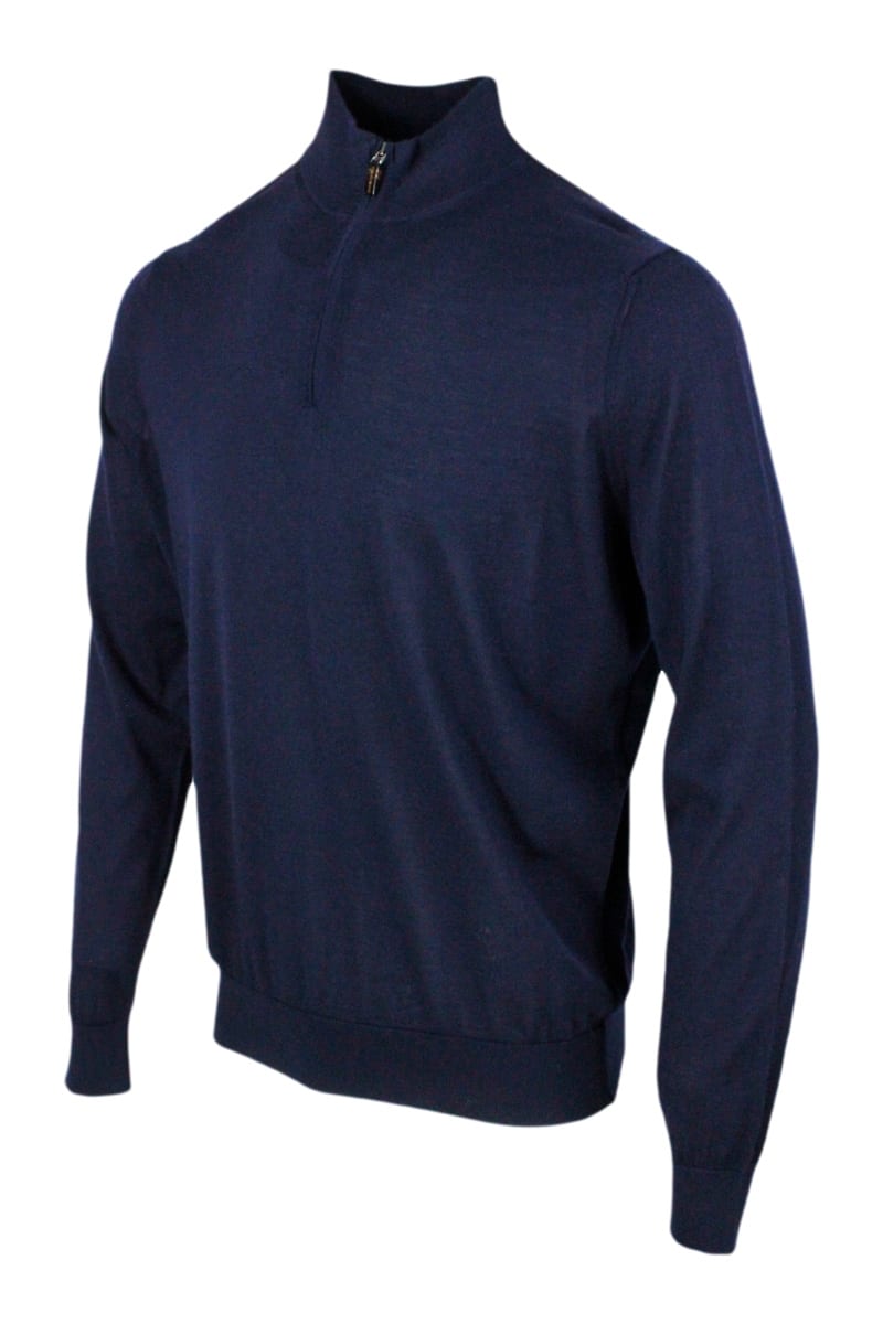 Shop Colombo Light Half-zip Long-sleeved Sweater In Fine 100% Cashmere And Silk With Special Processing On The Pr In Blu Navy
