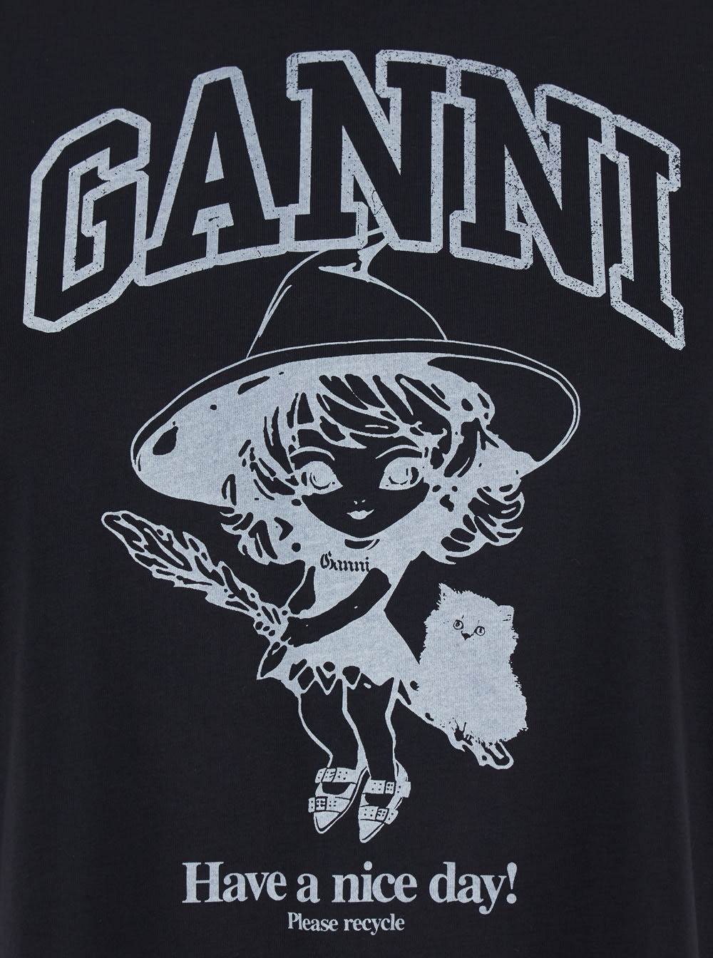 Ganni Black Crewneck T-shirt With Maxi Logo Lettering On The Front And Maxi Print On Front And Rear