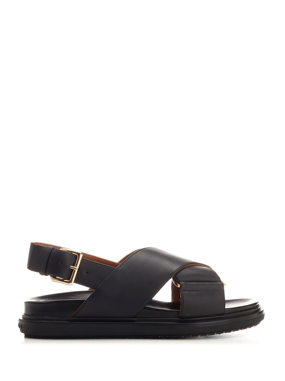 Marni Crisscross Black Leather Sandals With Gold-tone Buckle In Black