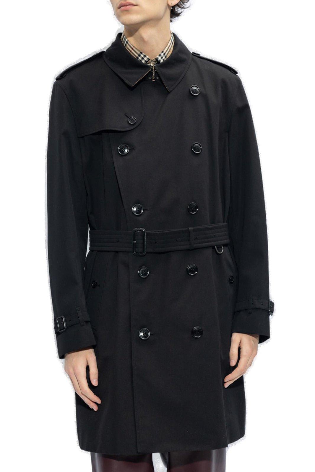 Shop Burberry Belted Double-breasted Trench Coat In Nero