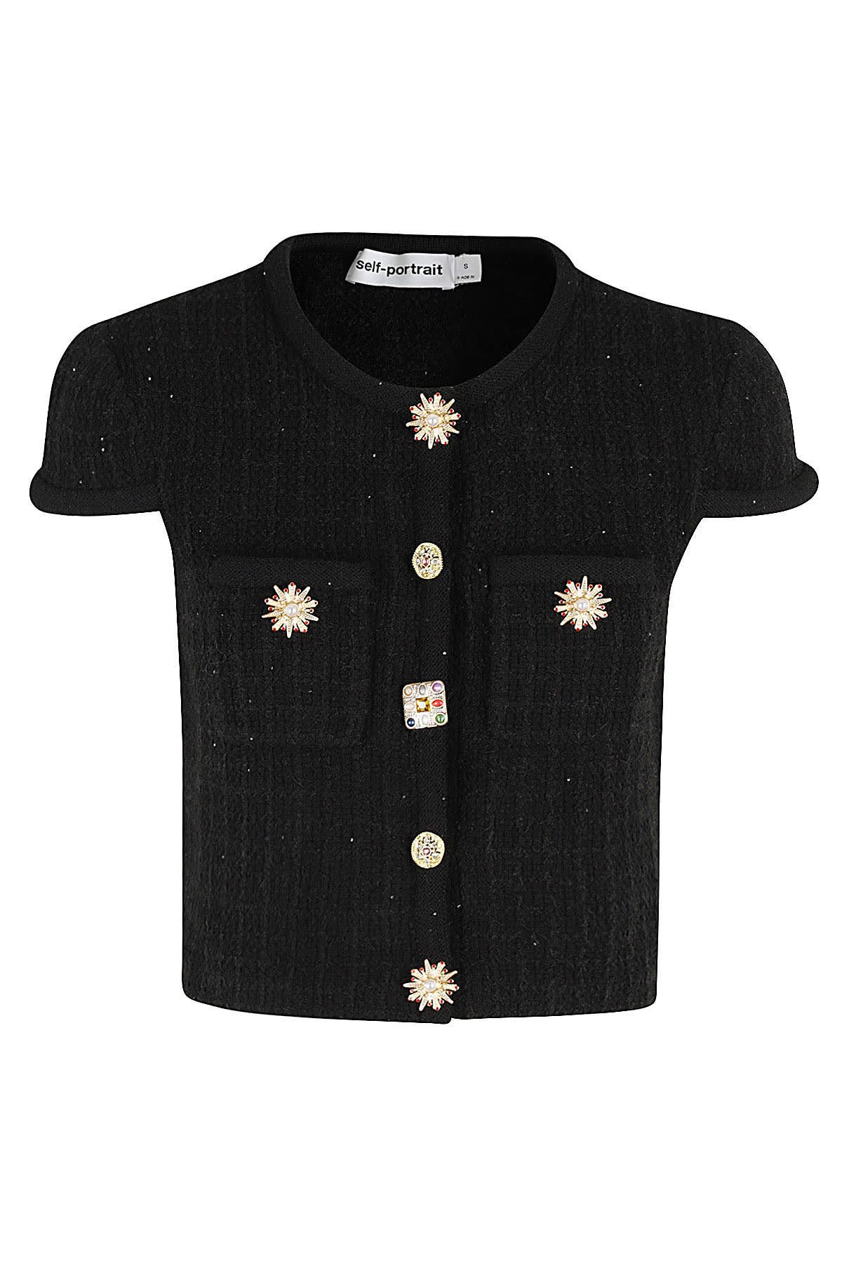 Shop Self-portrait Jewel Button Knit Top In Black