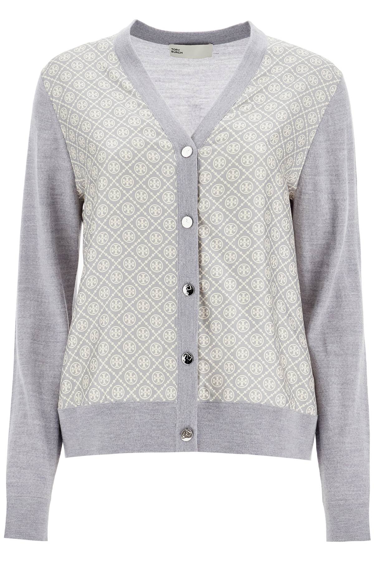 Shop Tory Burch Silk Insert Cardigan With Eight In Shadow Gray Melange T Monogram (grey)