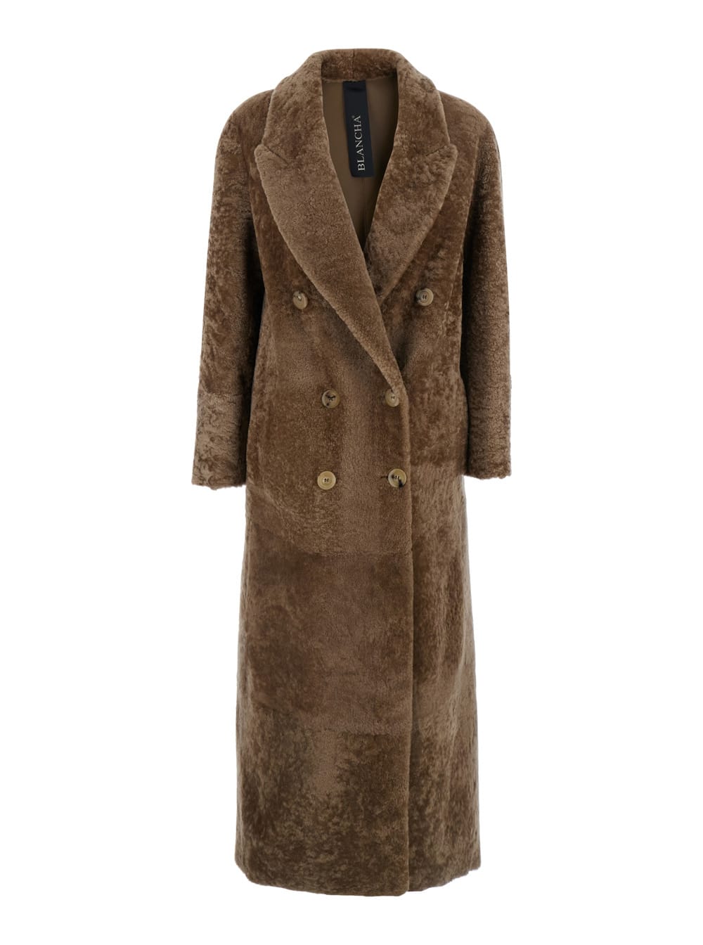 Brown Double-breasted Shearling Coat With Peak Revers In Fur Woman