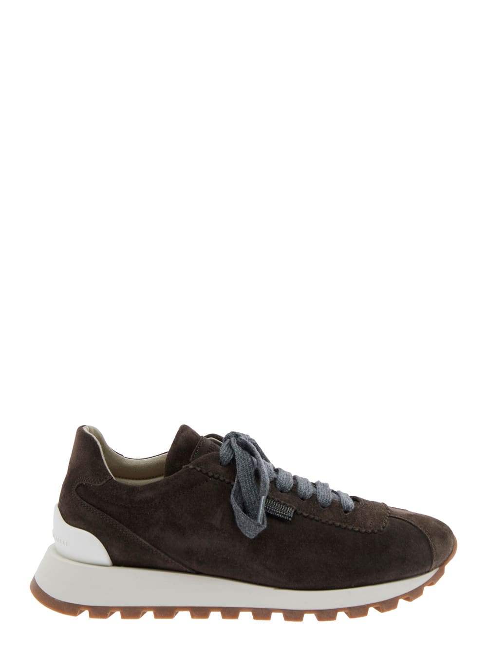 Brunello Cucinelli Brown Low Top Sneakers With Monil Detail On The Side And Embossed Logo Lettering On The Rear In Leat