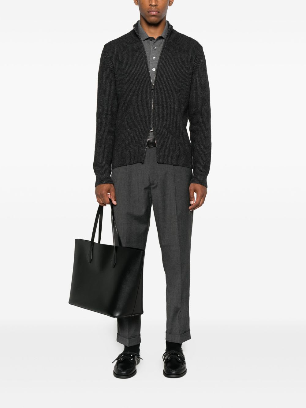 Corneliani Ribbed Cardigan With Zip In Black