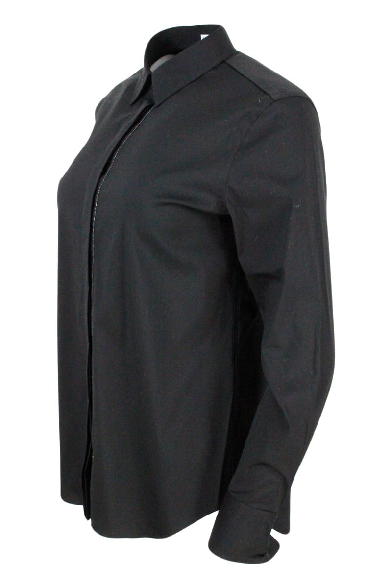 Brunello Cucinelli Long-sleeved Shirt In Stretch Cotton With Long Monili Closure In Black