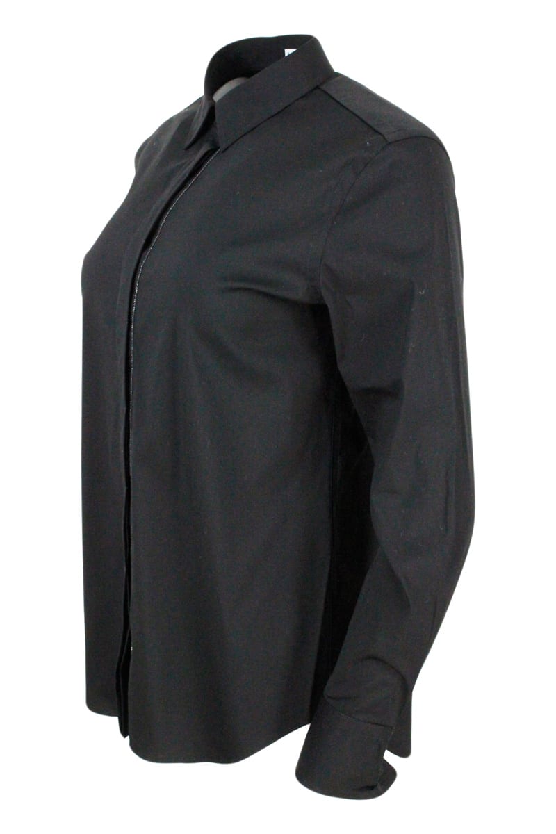 Shop Brunello Cucinelli Long-sleeved Shirt In Stretch Cotton With Long Monili Closure In Black