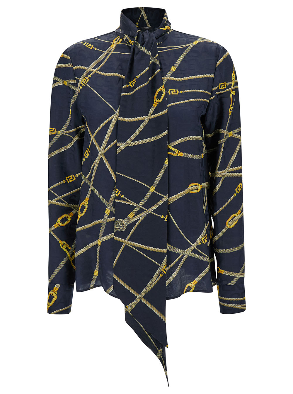 VERSACE BLUE SHIRT WITH SCARF AND BAROCCO MOTIF IN SILK BLEND WOMAN