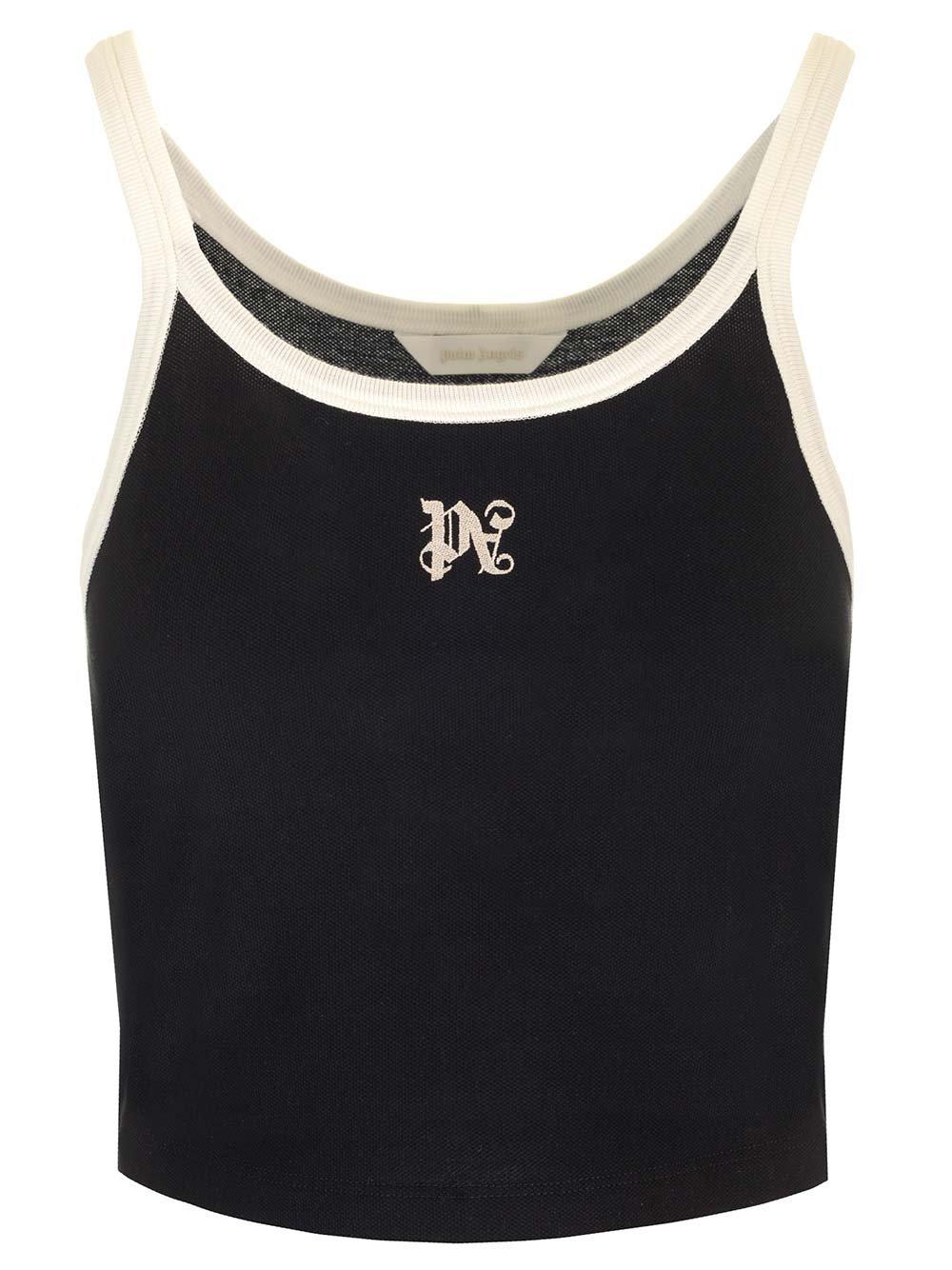 Shop Palm Angels Pa Monogram Embroidered Cropped Tank Top In Black
