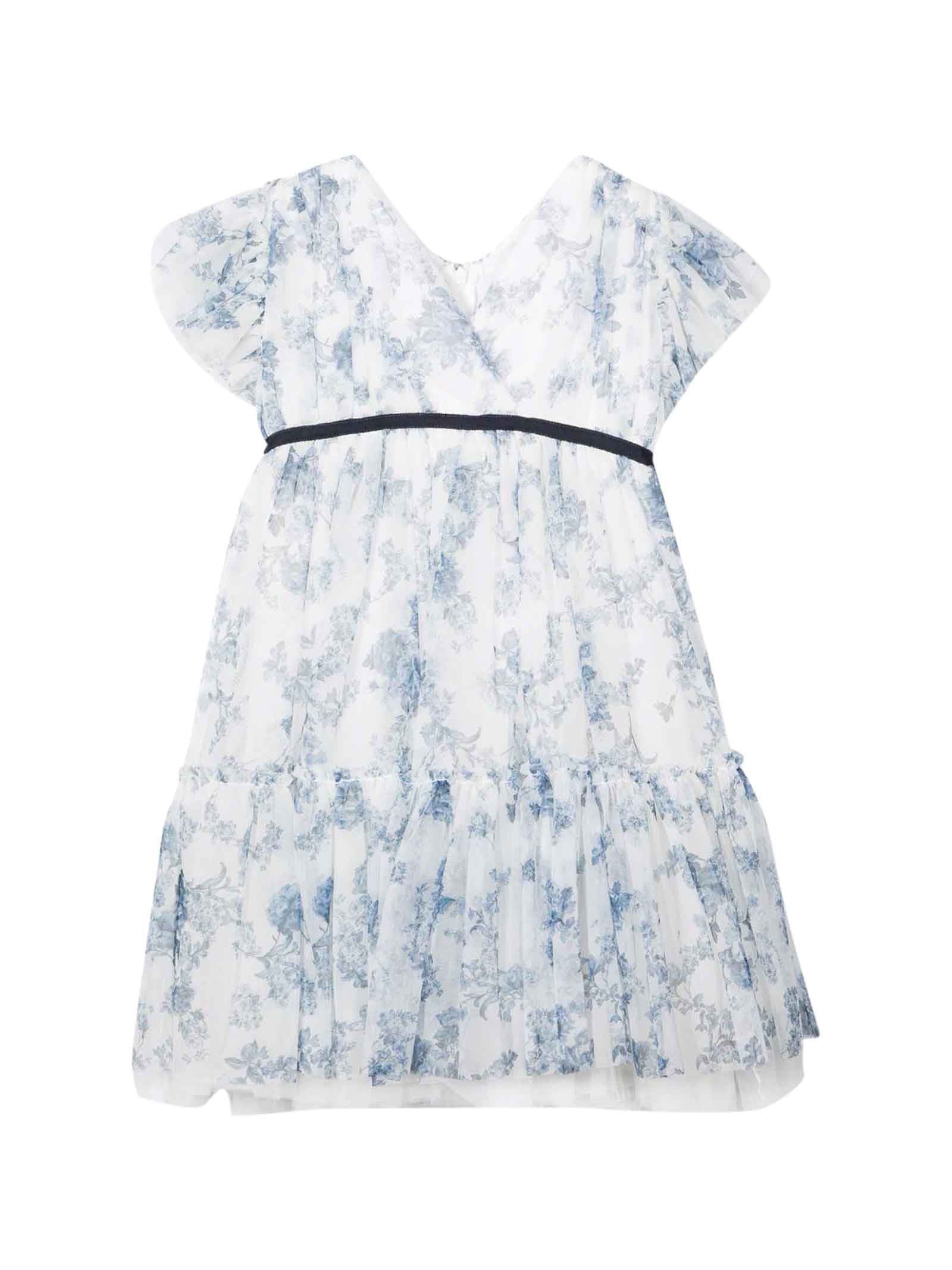 Monnalisa White Dress With Floreal Blue Print