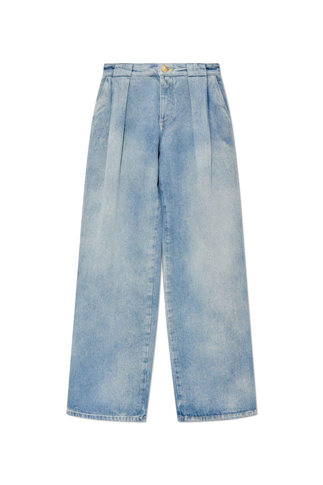 Shop Balmain Logo Detailed Pleated Denim Jeans In 6fc Bleu Jean Clair