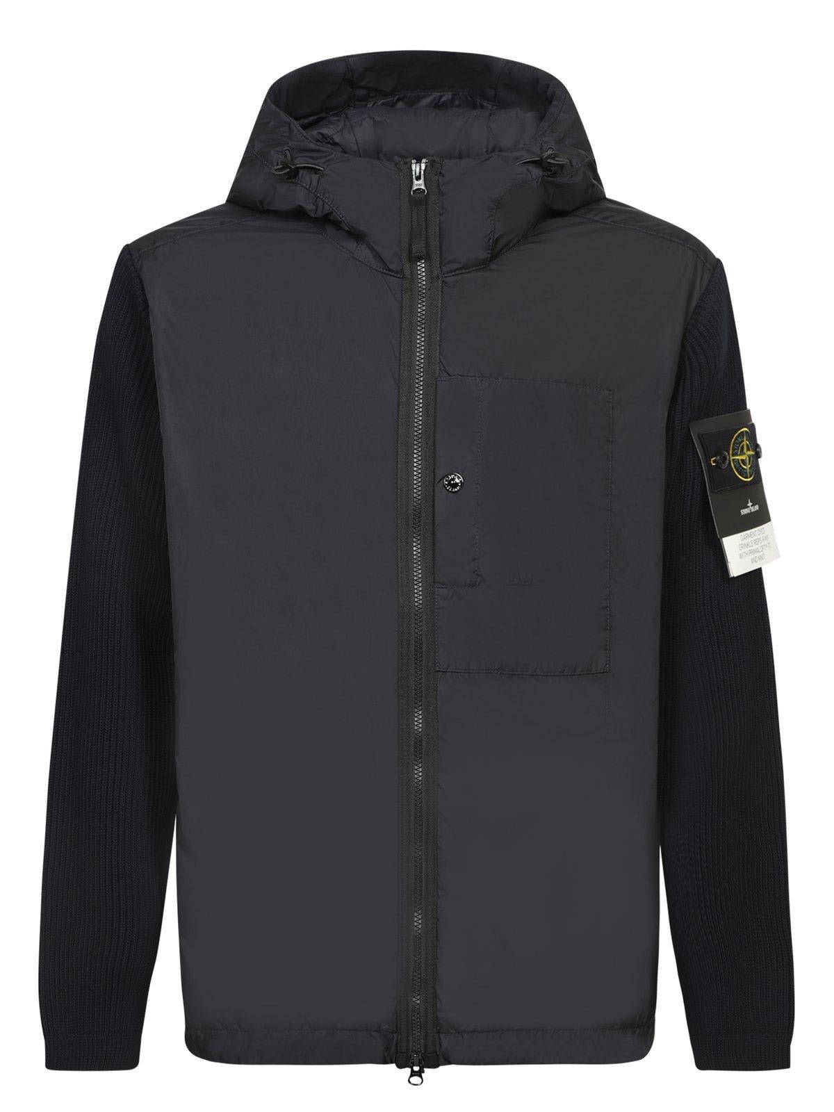 Shop Stone Island Panelled Zip-up Hooded Jacket In Blue