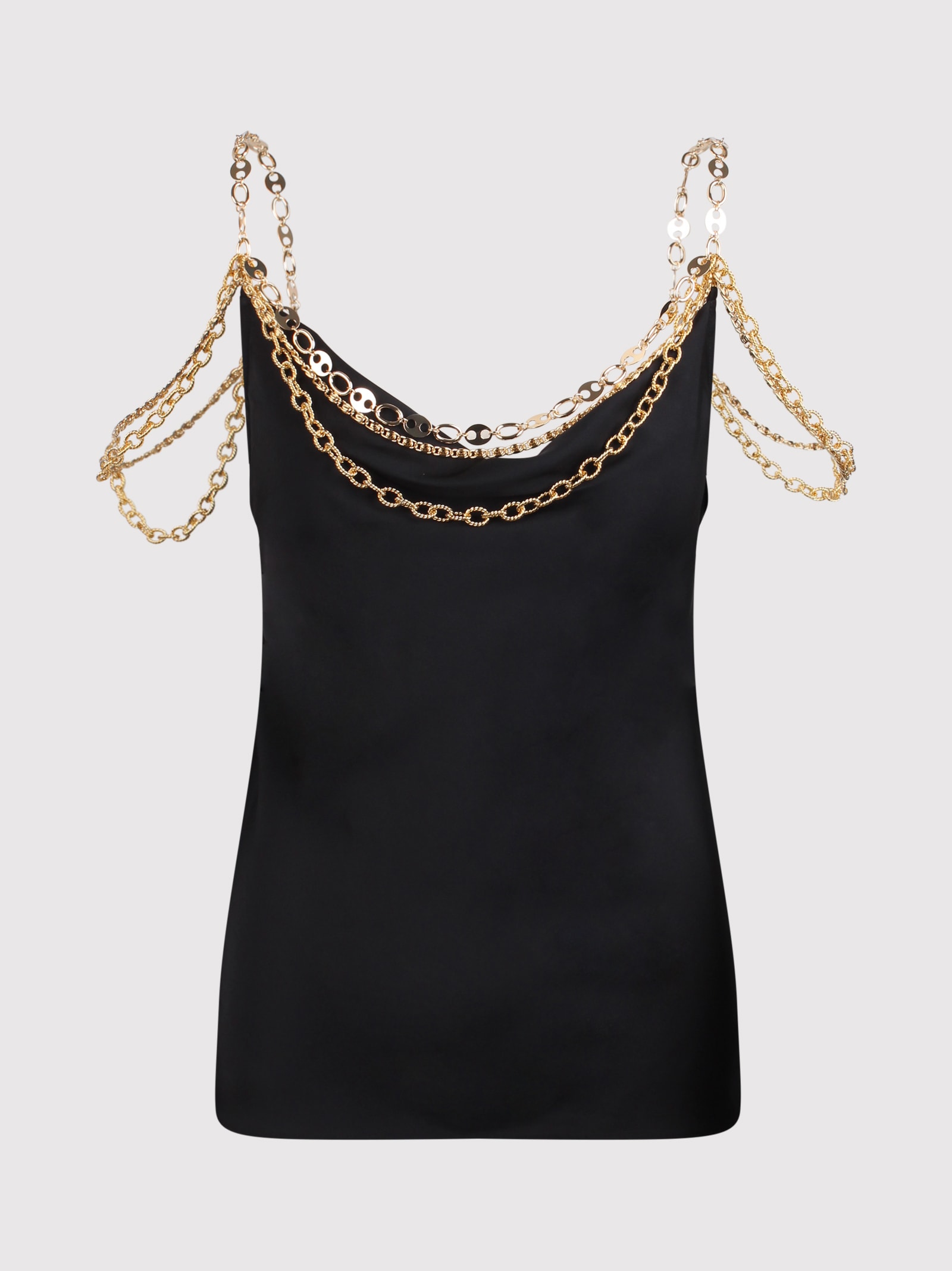 Rabanne Black Top In Gold With Mesh And Chain Details