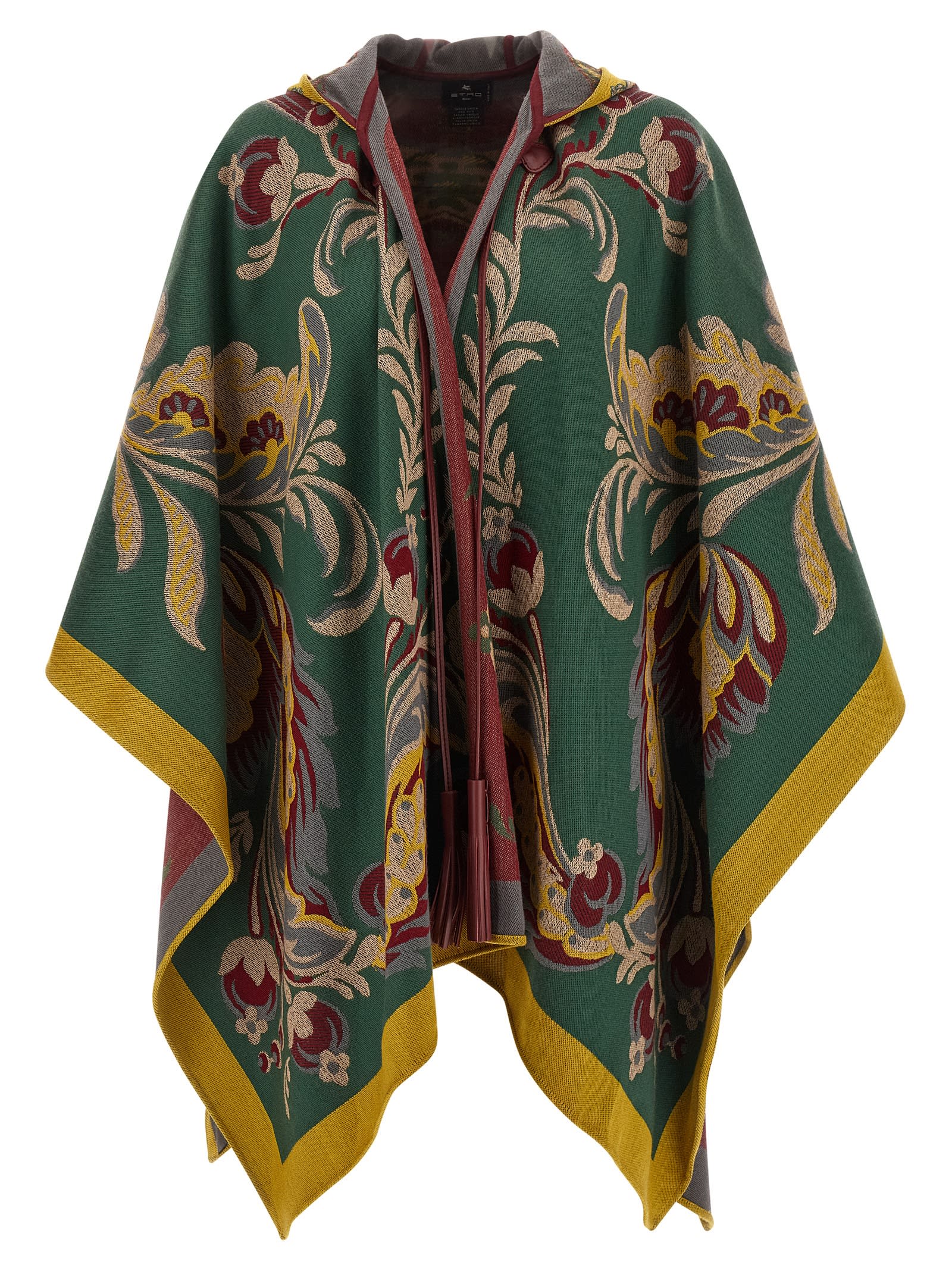 Etro Paisley-motif Long Hooded Wool Cape In Green