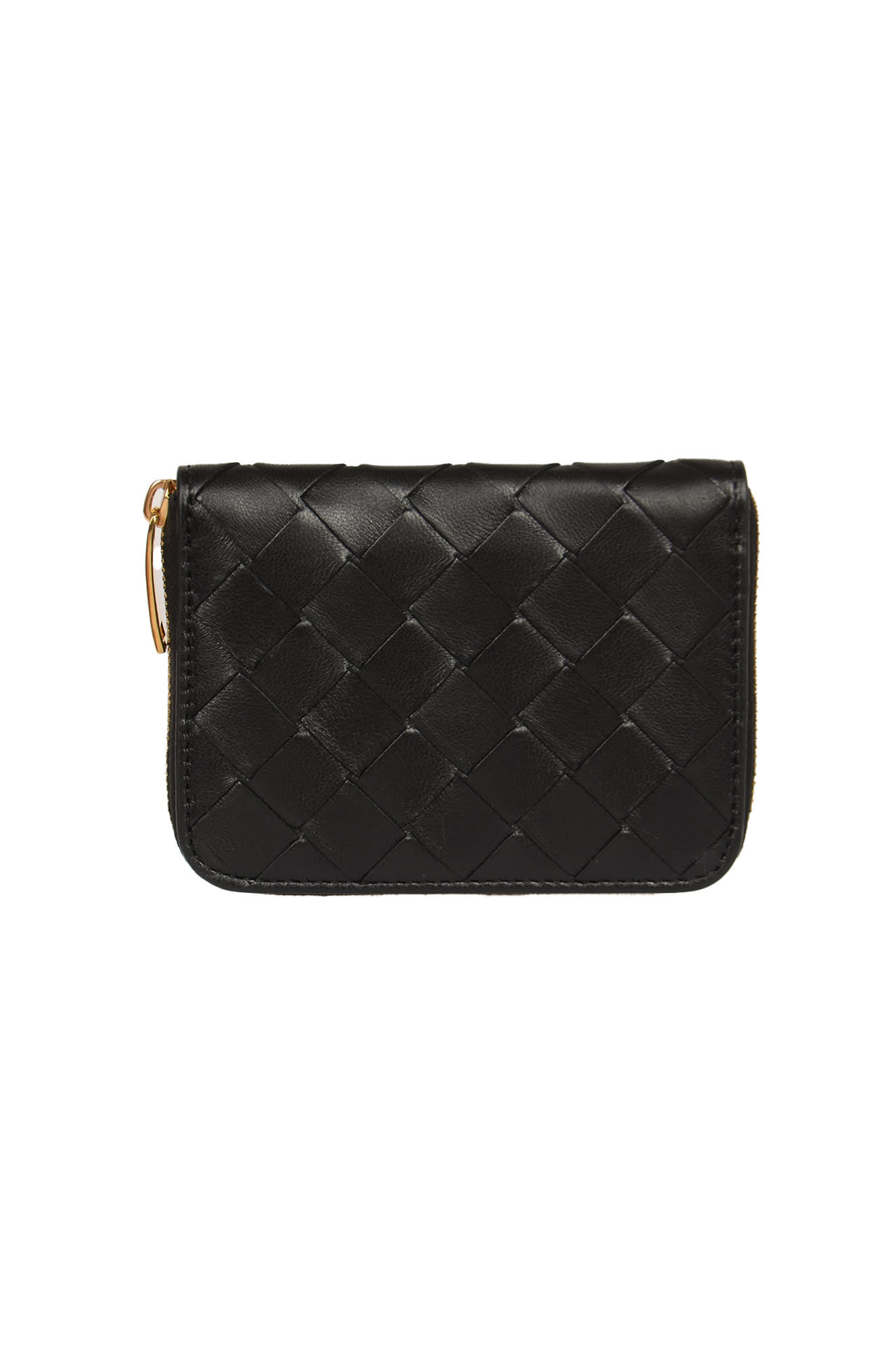 Bottega Veneta Black Intrecciato Leather Zip Around Compact Wallet