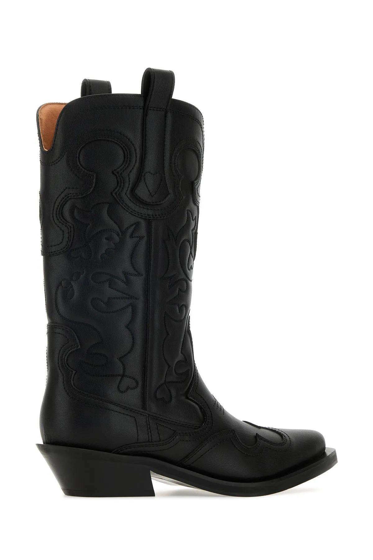 Shop Ganni Black Leather Boots In Black/black