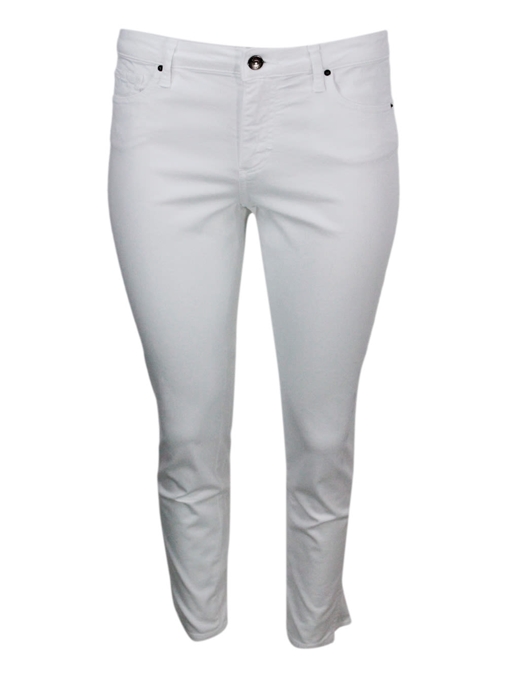 Shop Armani Collezioni 5-pocket Trousers In Soft Stretch Cotton Super Skinny Capri. Zip And Button Closure. In White