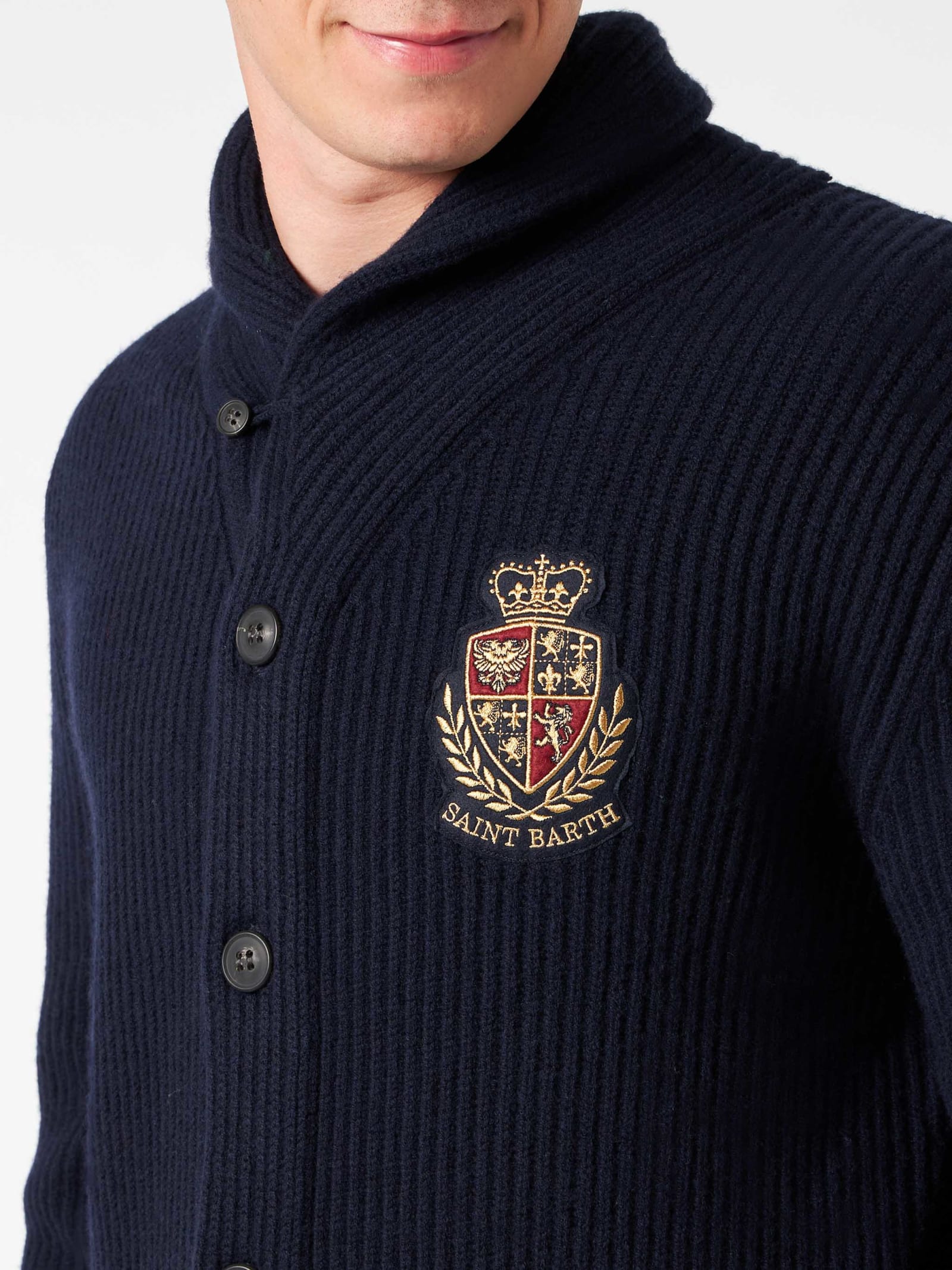 Mc2 Saint Barth Man Shawl Collar Blue Ribbed Cardigan With Pockets And Patch In Blue