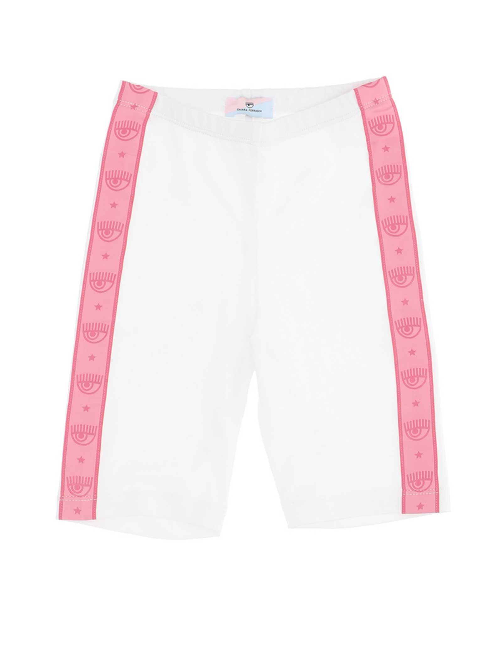 Chiara Ferragni White Bermuda Shorts With Pink Logo Band
