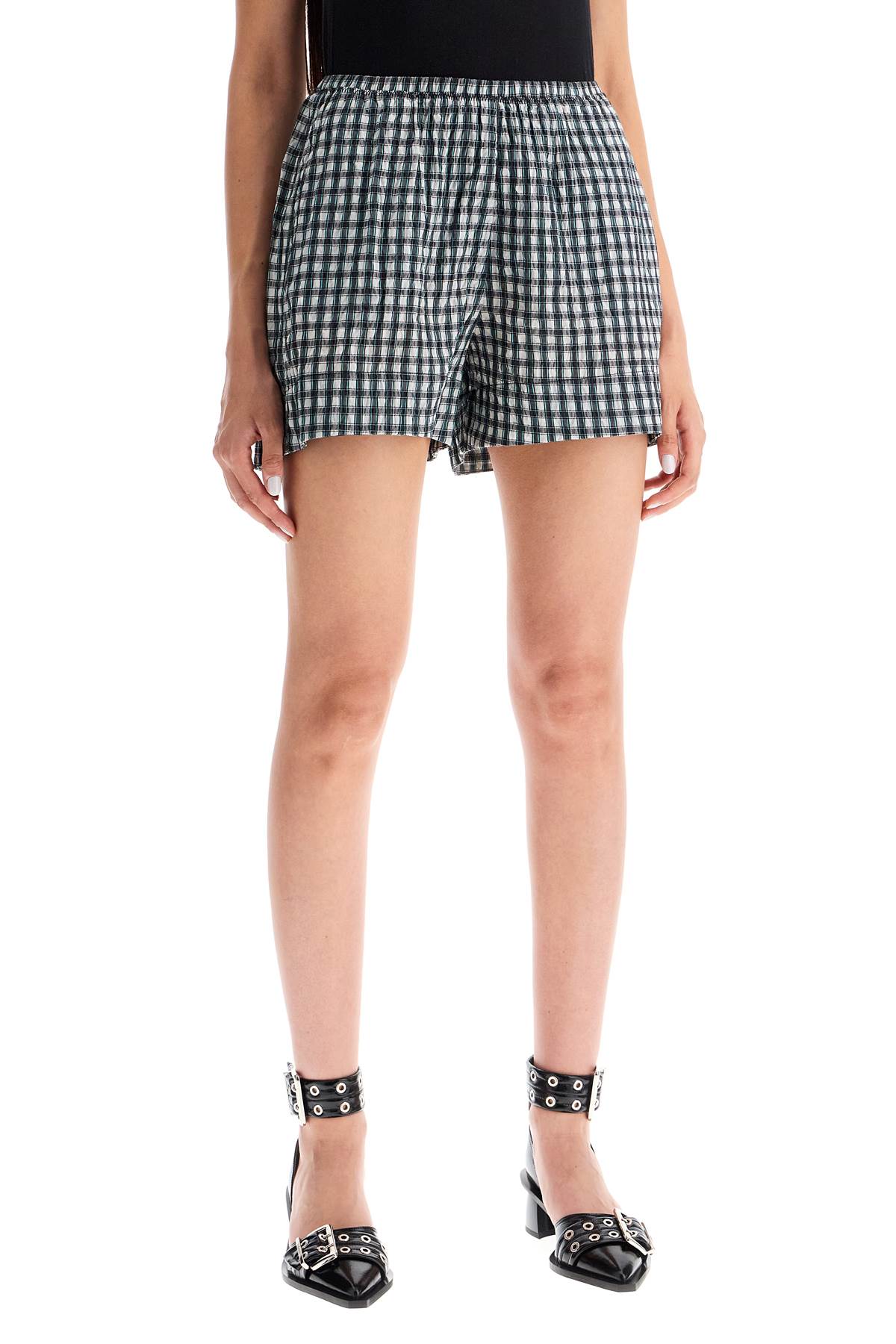 Shop Ganni Seersucker Checkered Pattern In Egret (black)