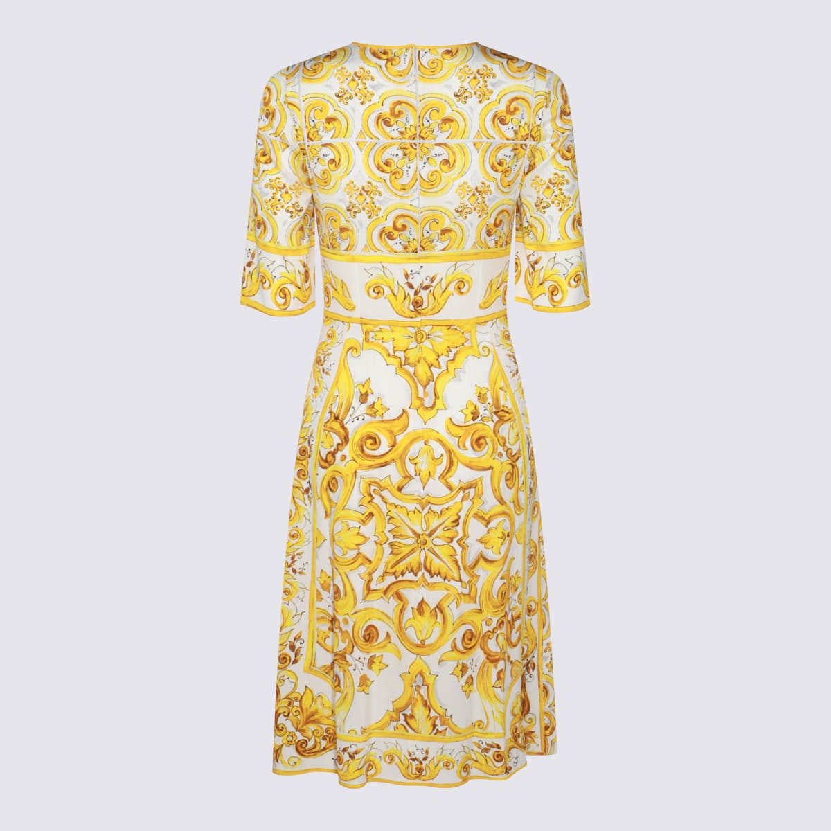 Shop Dolce & Gabbana White And Yello Silk Dress In Mix Maiolica Giallo