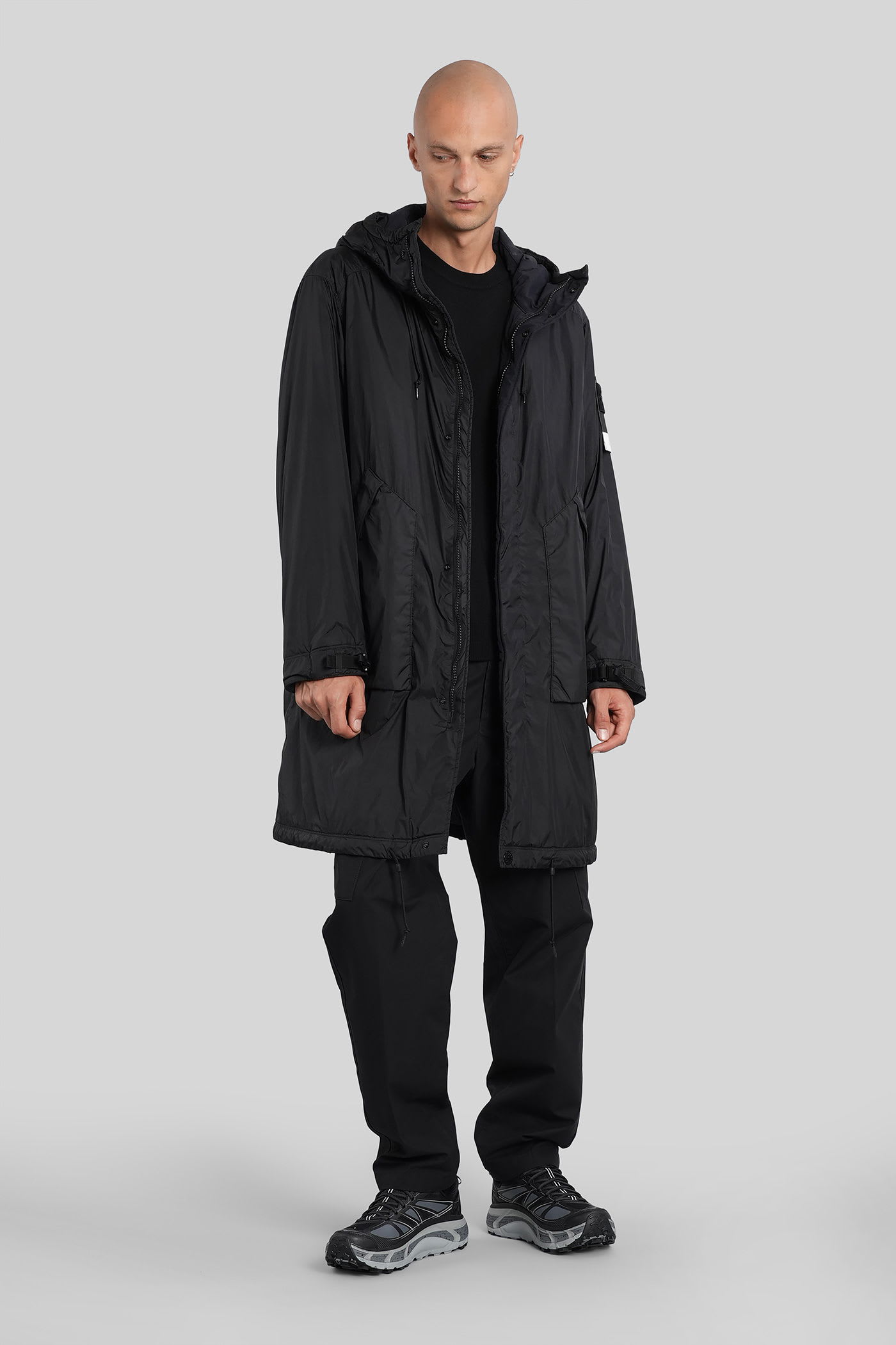Stone Island Long Down Jacket In Black