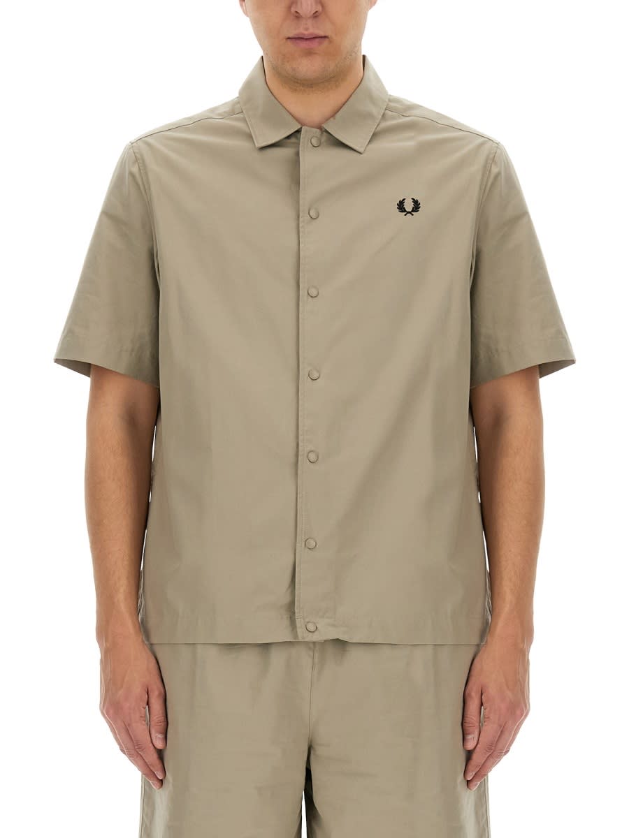 Shop Fred Perry Shirt With Logo Embroidery In Beige