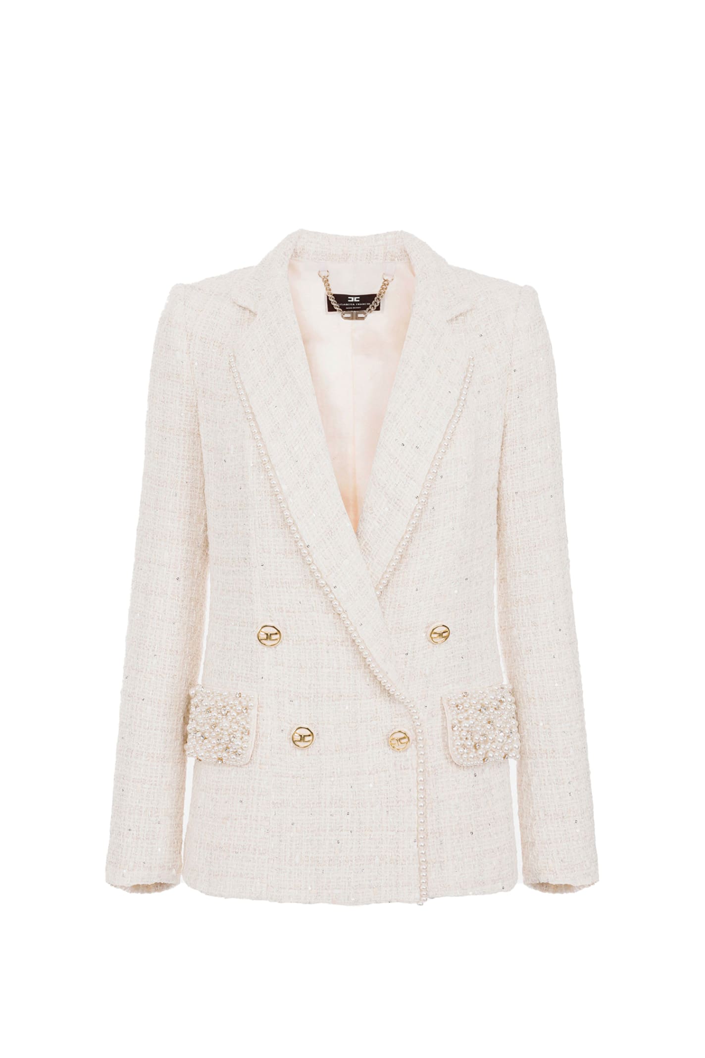 Elisabetta Franchi Tweed Jacket With Pearl Details In Burro | ModeSens