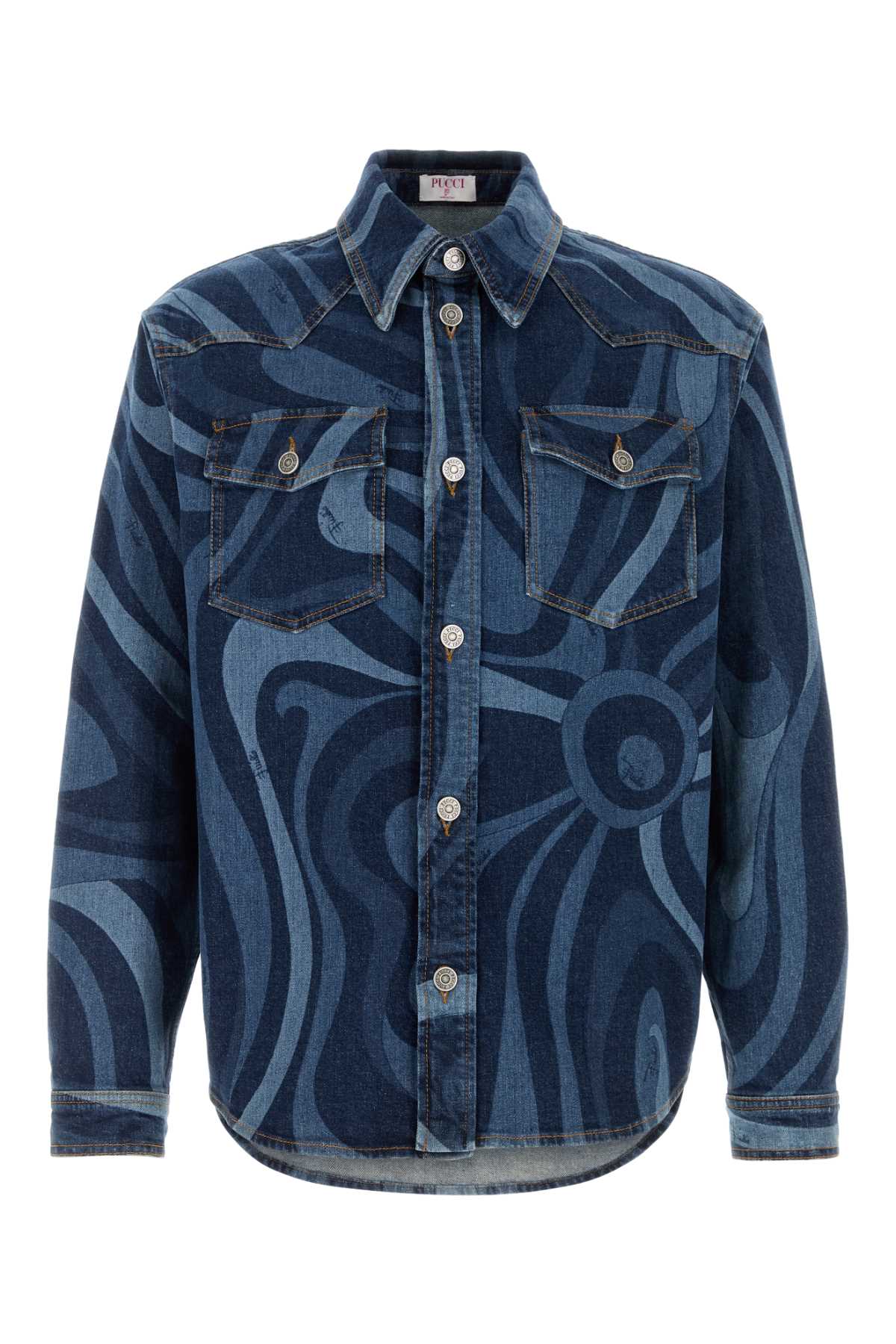 Shop Pucci Printed Stretch Denim Shirt In Blumedio