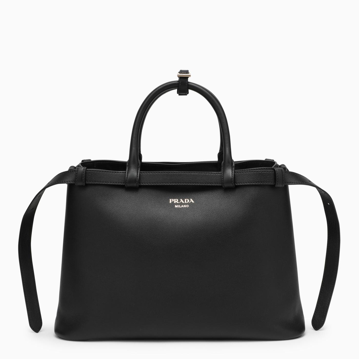 Shop Prada Black Medium Leather Handbag With Belt In Nero