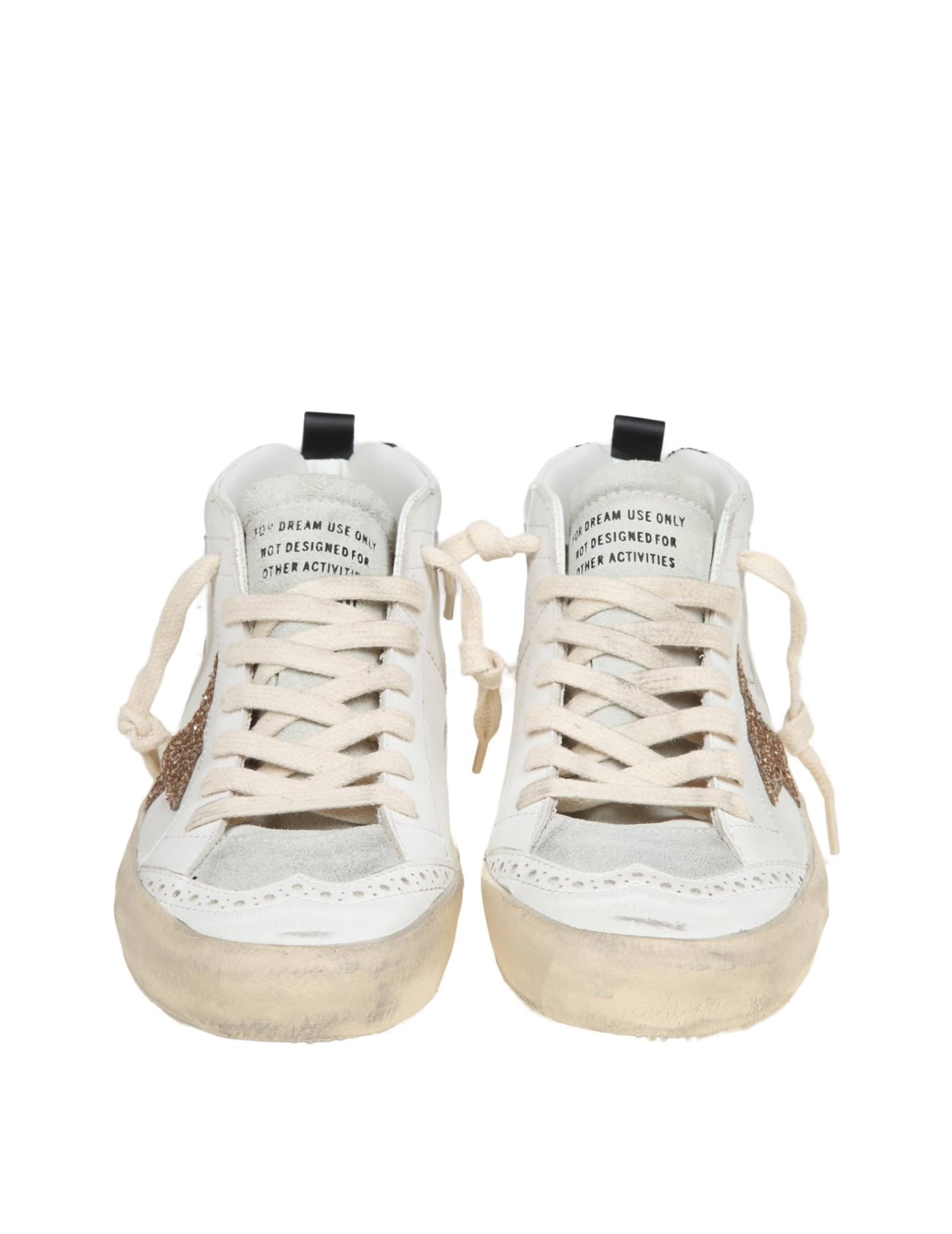 Shop Golden Goose Mid Star In Leather And Suede With Glitter Star In White/gold